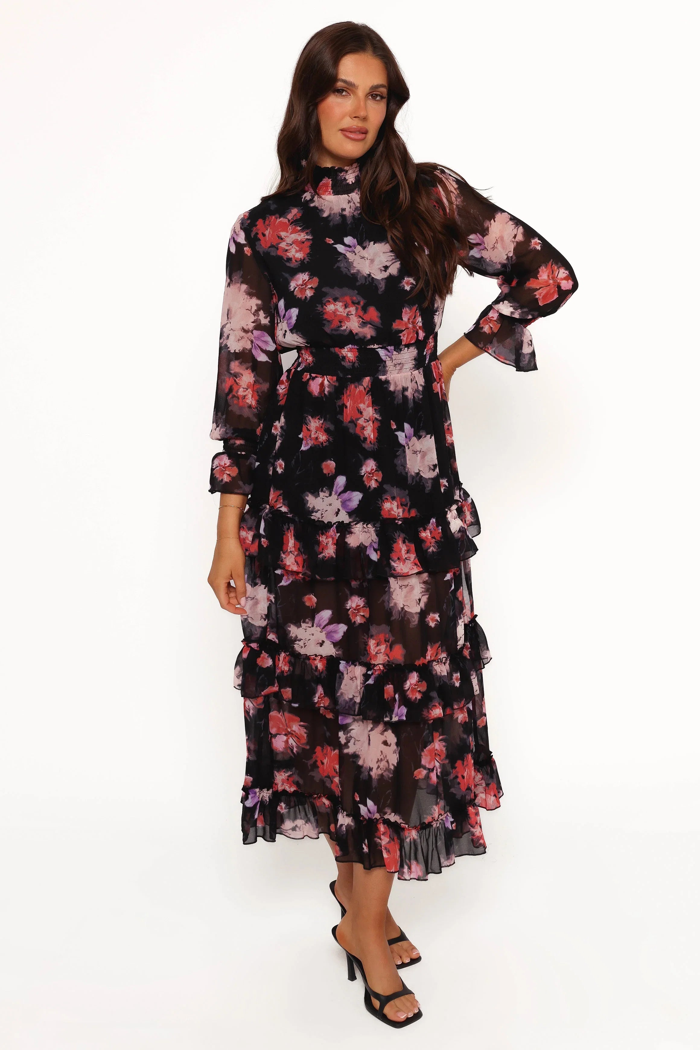 Isadora Long Sleeve Maxi Dress Black Blurred Floral