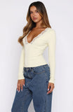 Knew That All Along Lace Trim Long Sleeve Top Lemon