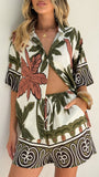 Ravenna Button Up Shirt and Shorts Set Green Beige Palm