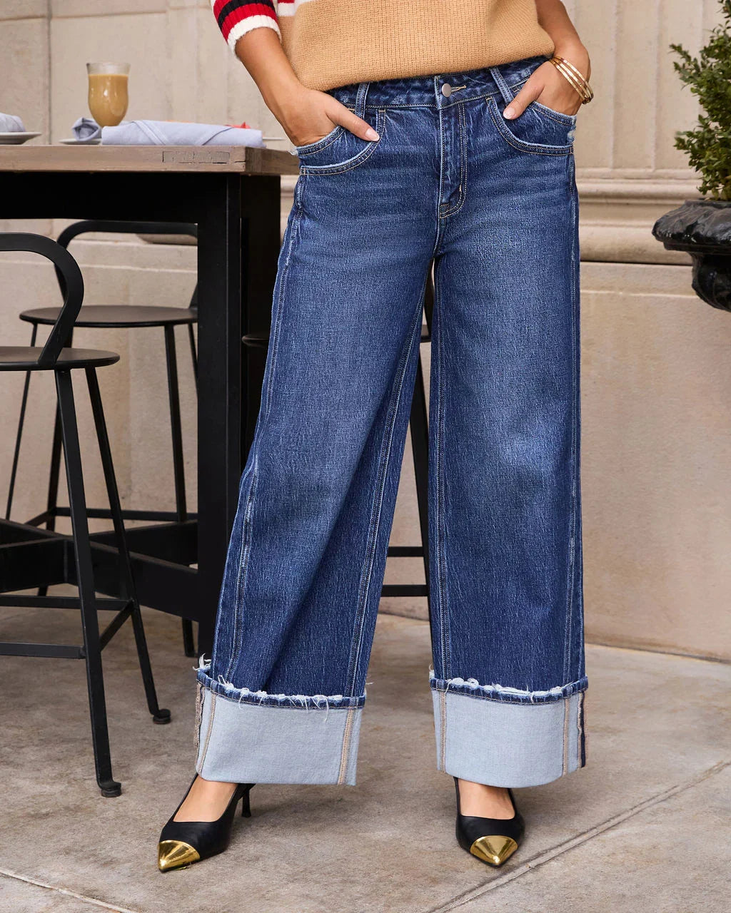 Stylist Stretch High Rise Wide Leg Cuffed Jeans