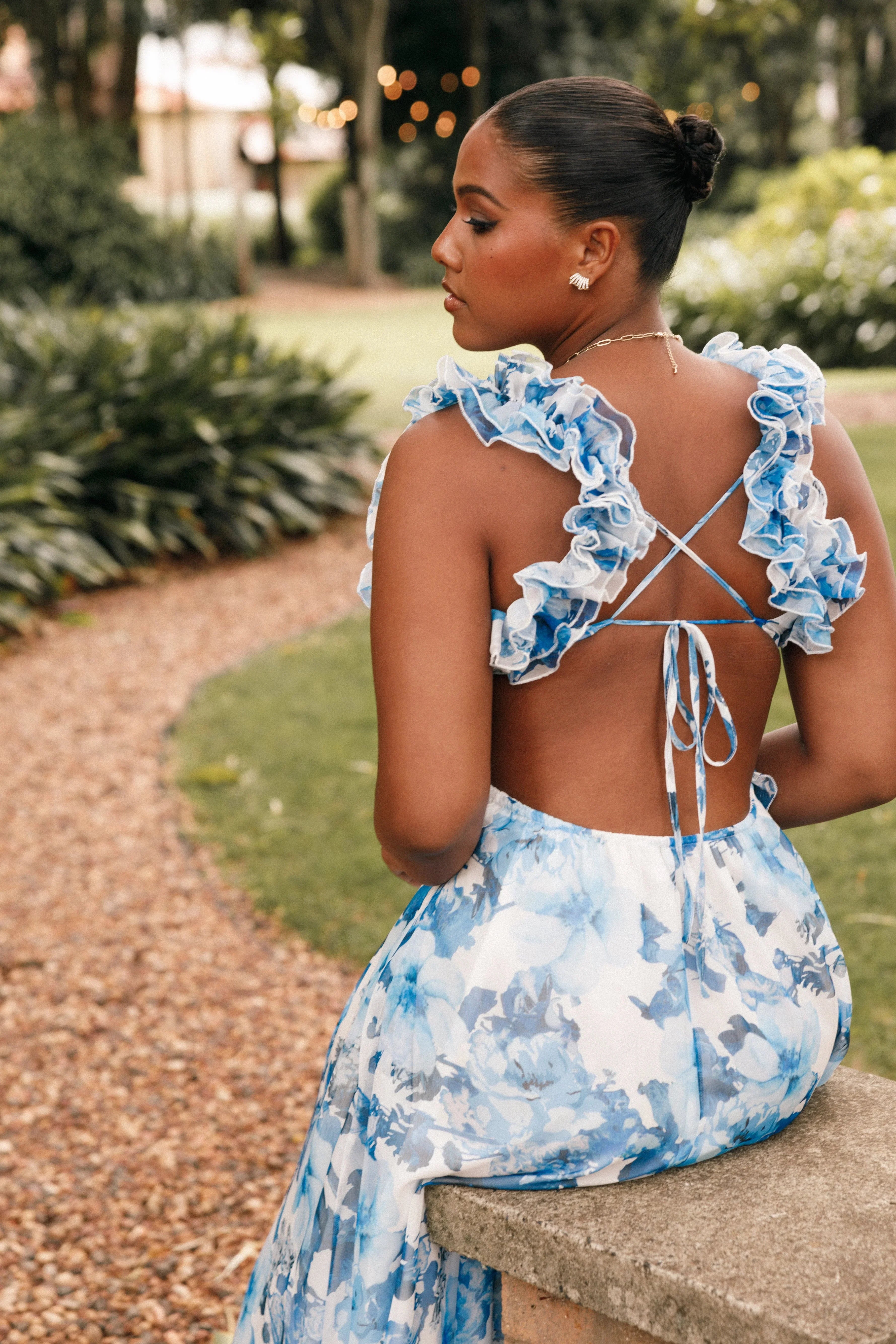 Lucah Frill Shoulder Maxi Dress Blue White Floral