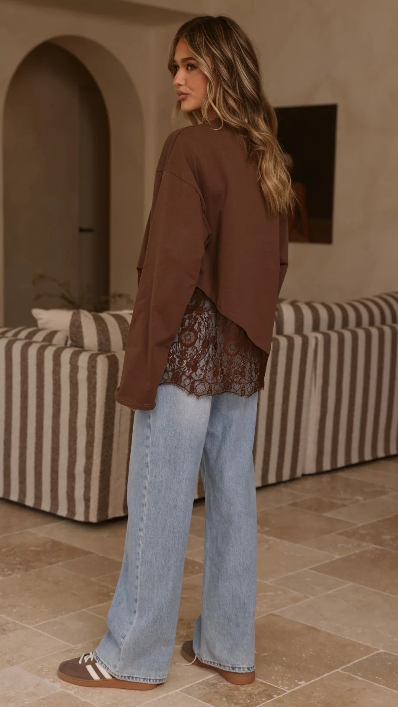 Javi Long Sleeve Lace Top Brown
