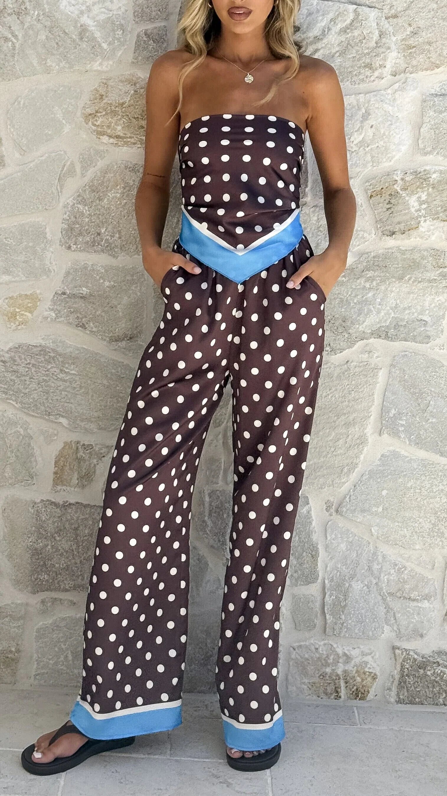 Harley Scarf Top and Pants Set Brown Polka