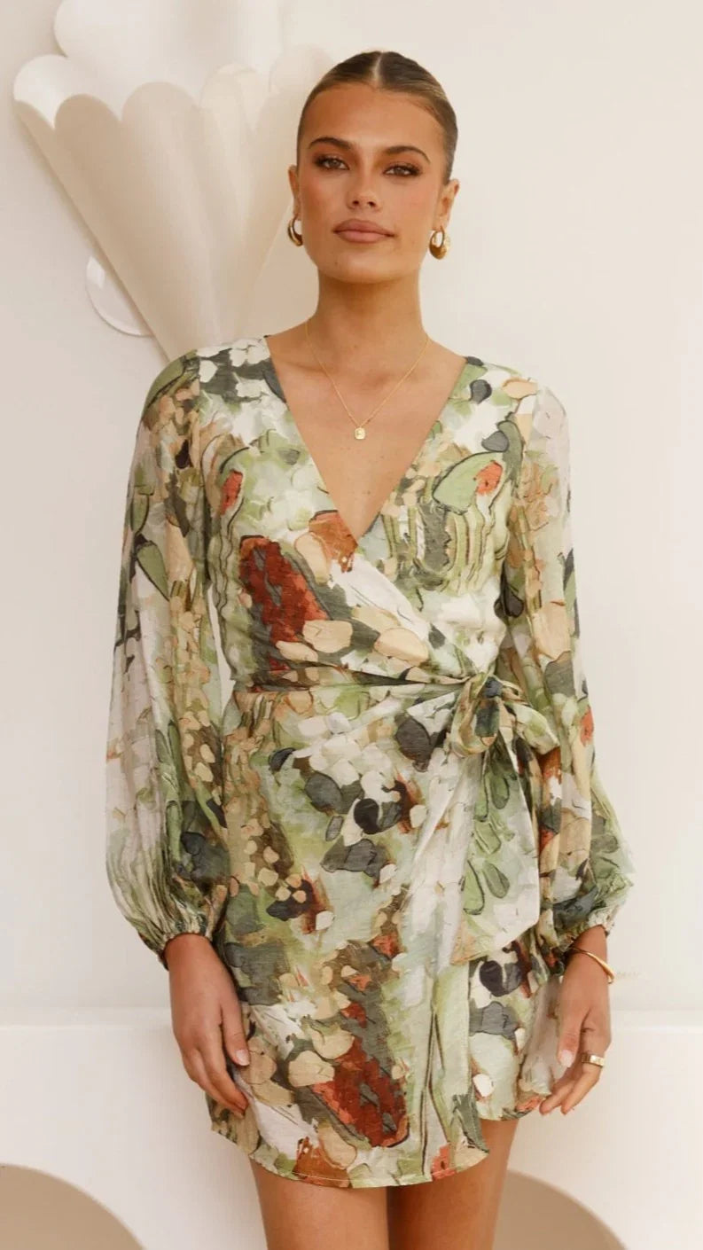 Jemma Long Sleeve Mini Dress Green Abstract