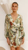 Jemma Long Sleeve Mini Dress Green Abstract