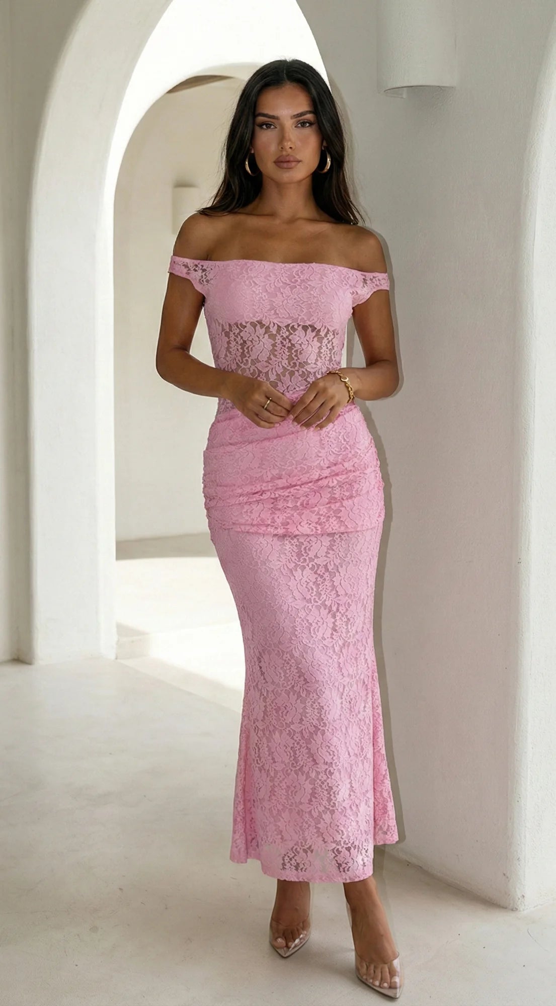 Roselune Lace Off Shoulder Dress Pink
