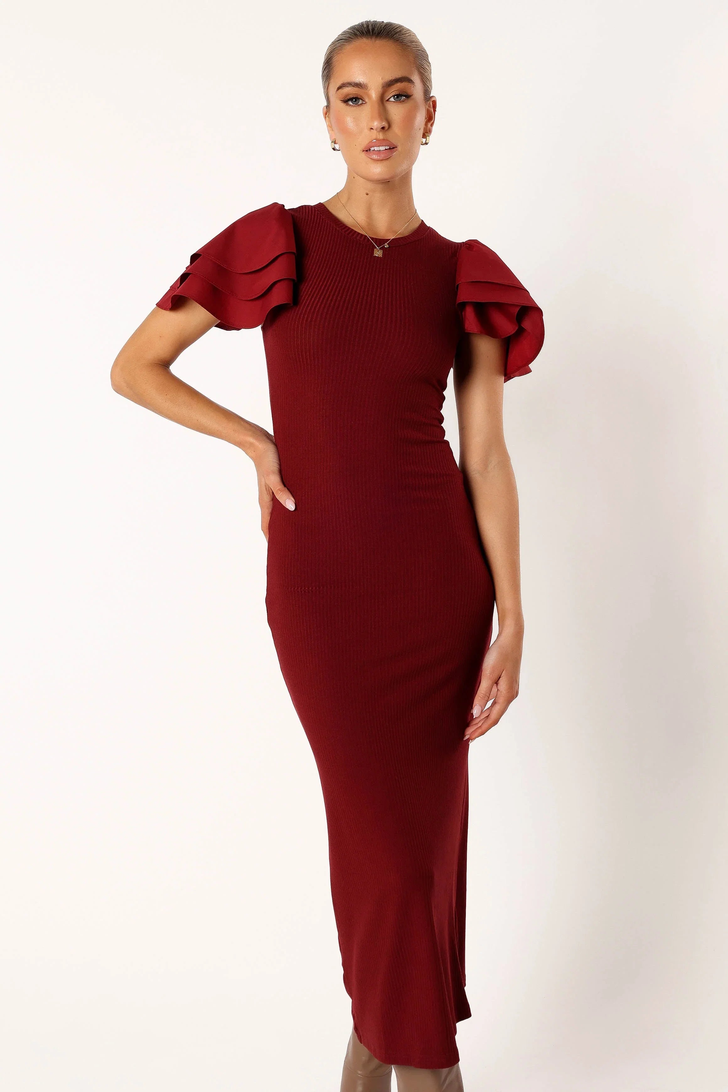 Cally Ruffle Sleeve Midi Dress Wine