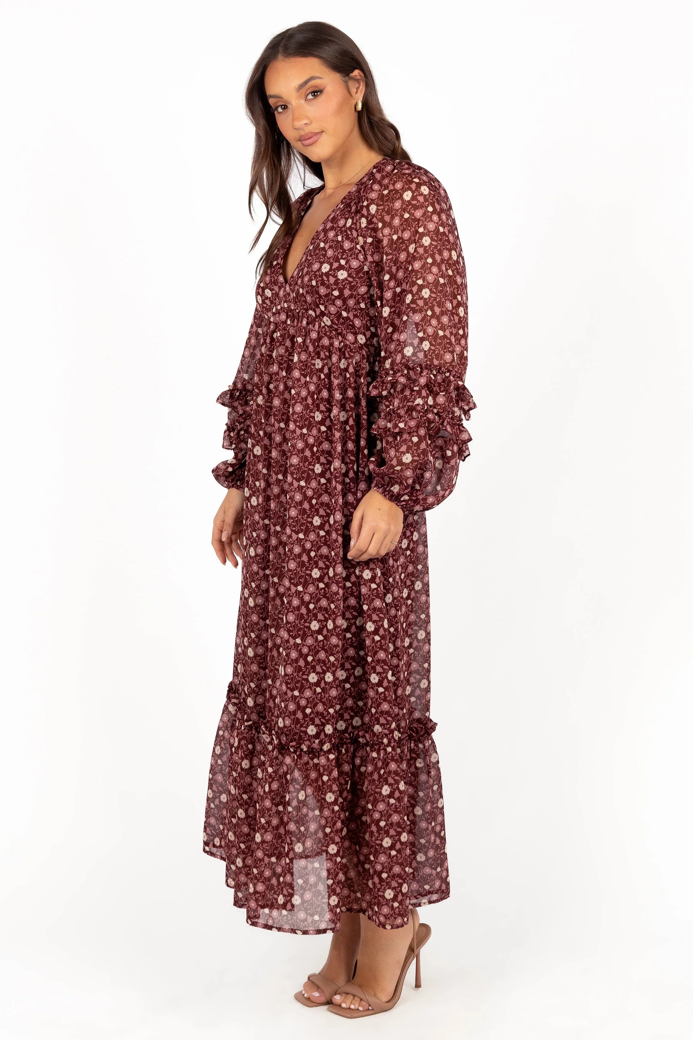 Evian Long Sleeve Maxi Dress Burgundy Multi