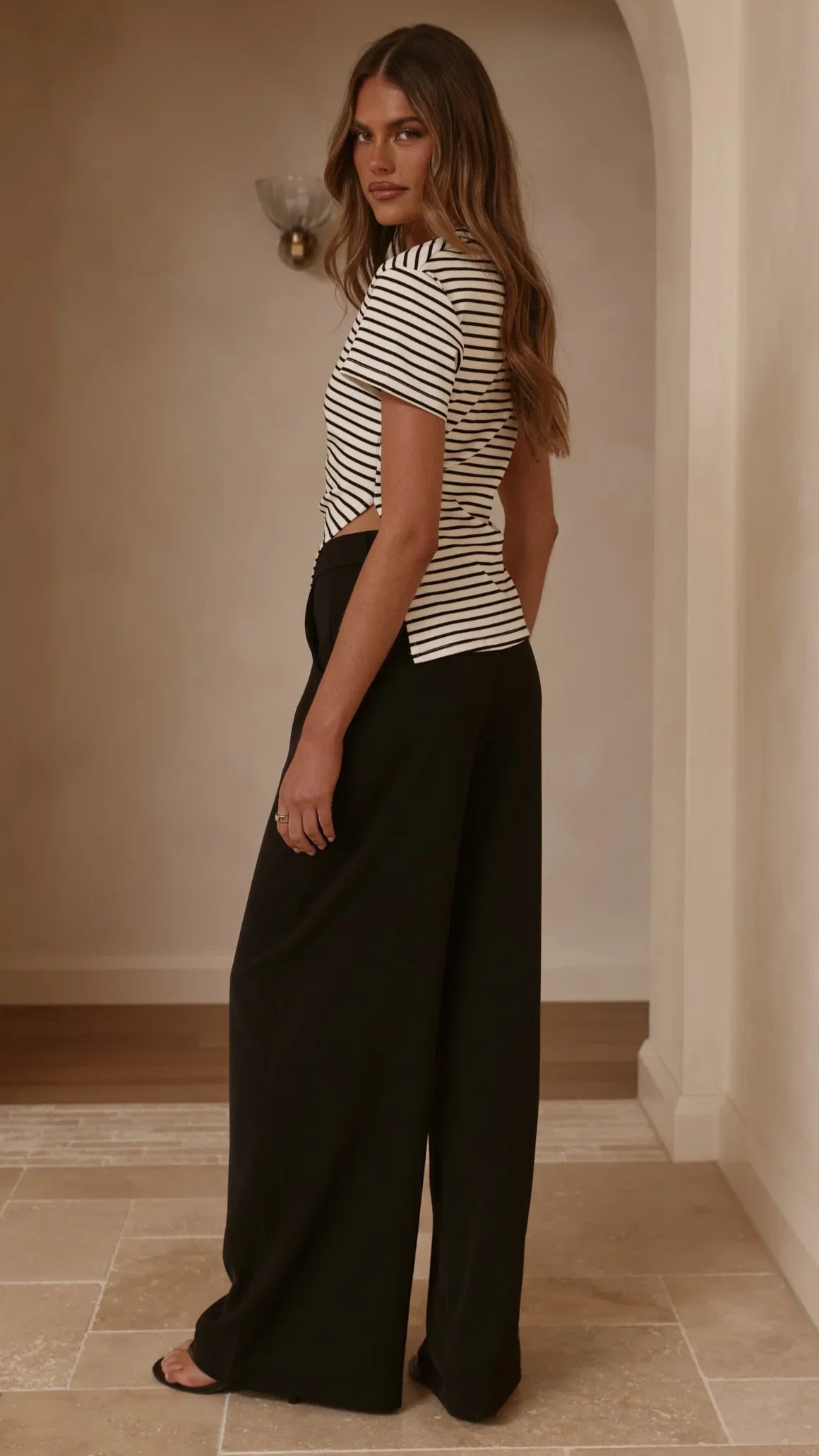 Tiarna Side Ruched Tee Black White Stripe