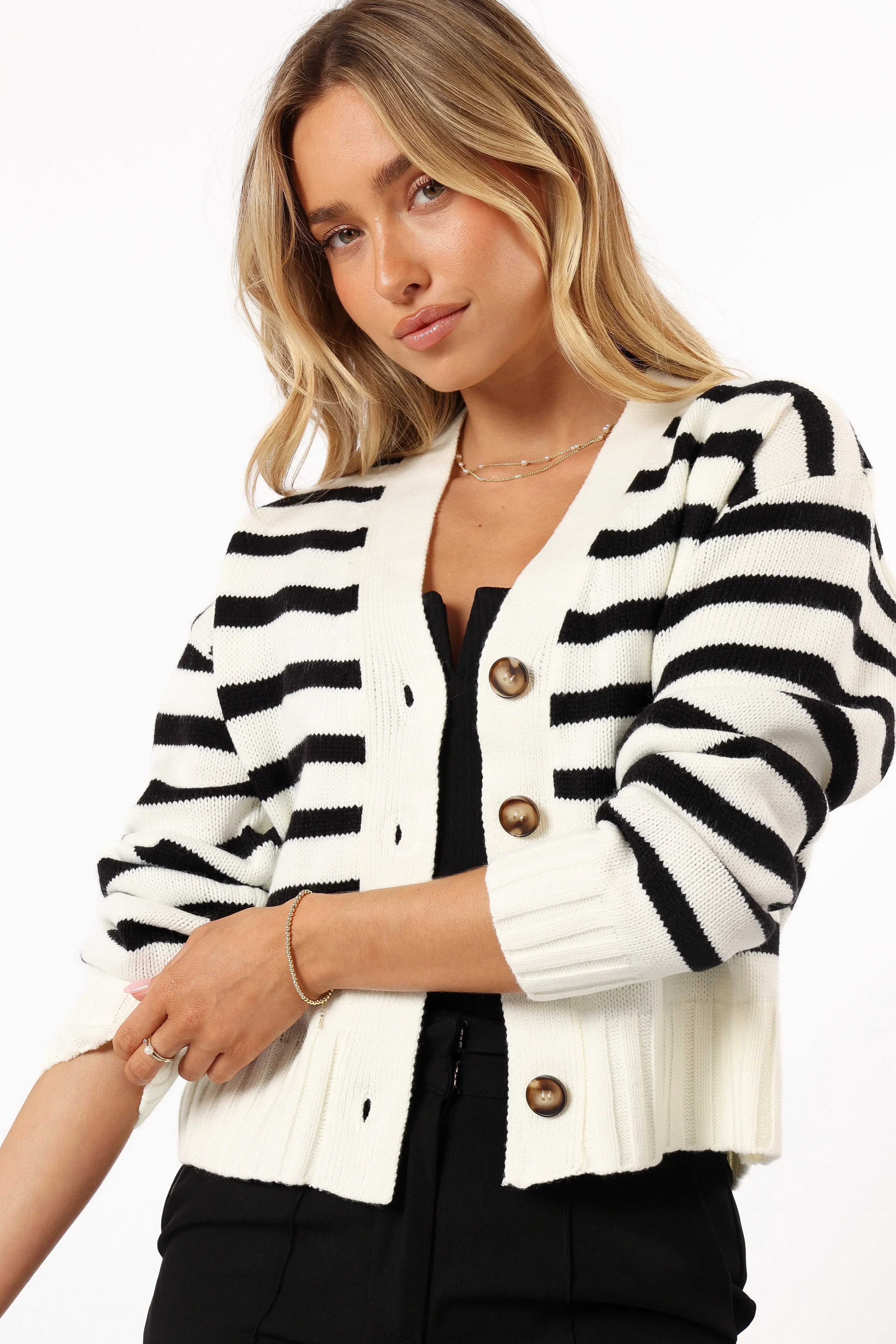 Kallen Button Front Striped Cardigan Cream Black