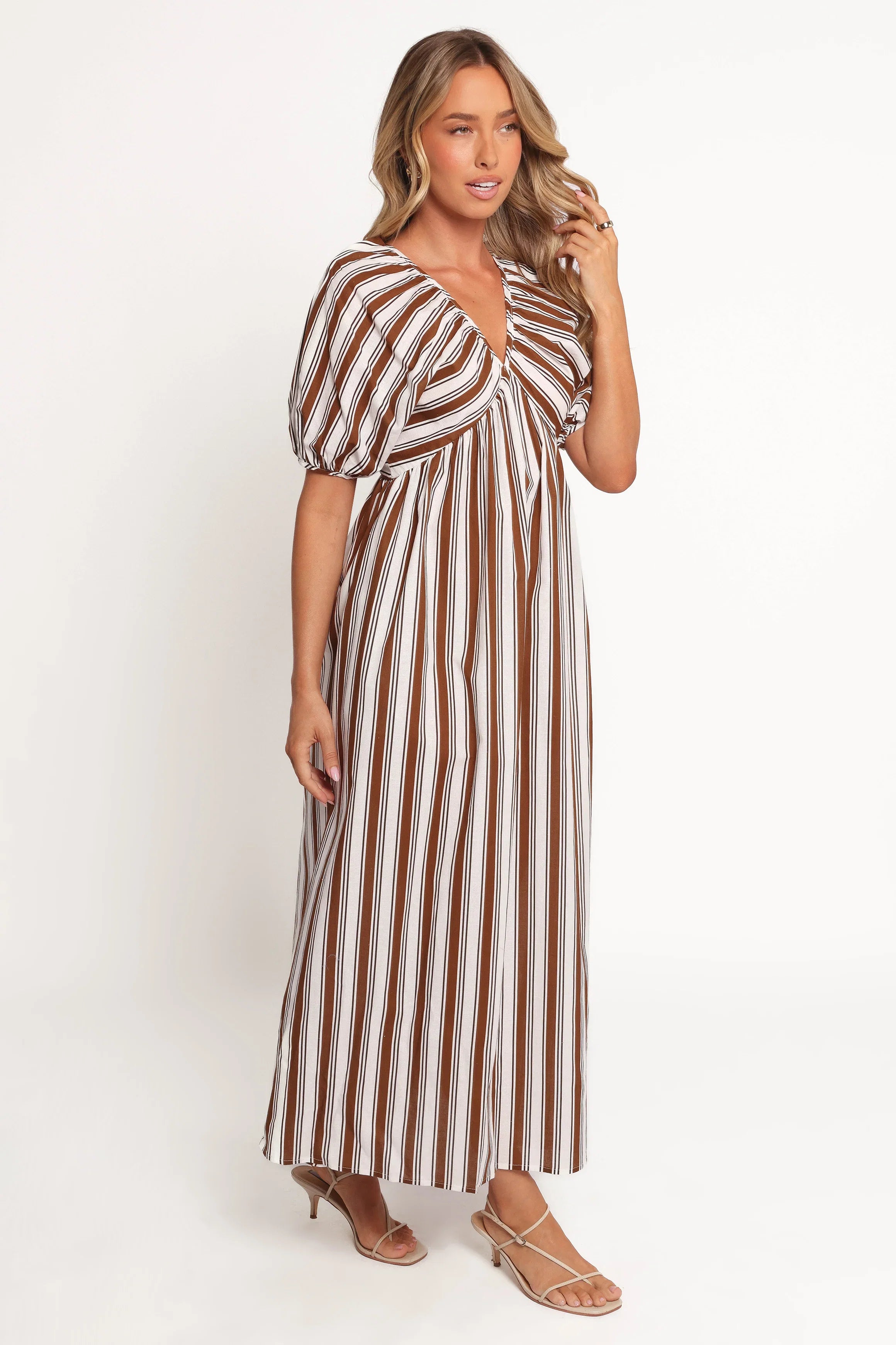Sullivan Puff Sleeve Maxi Dress Chocolate Stripe