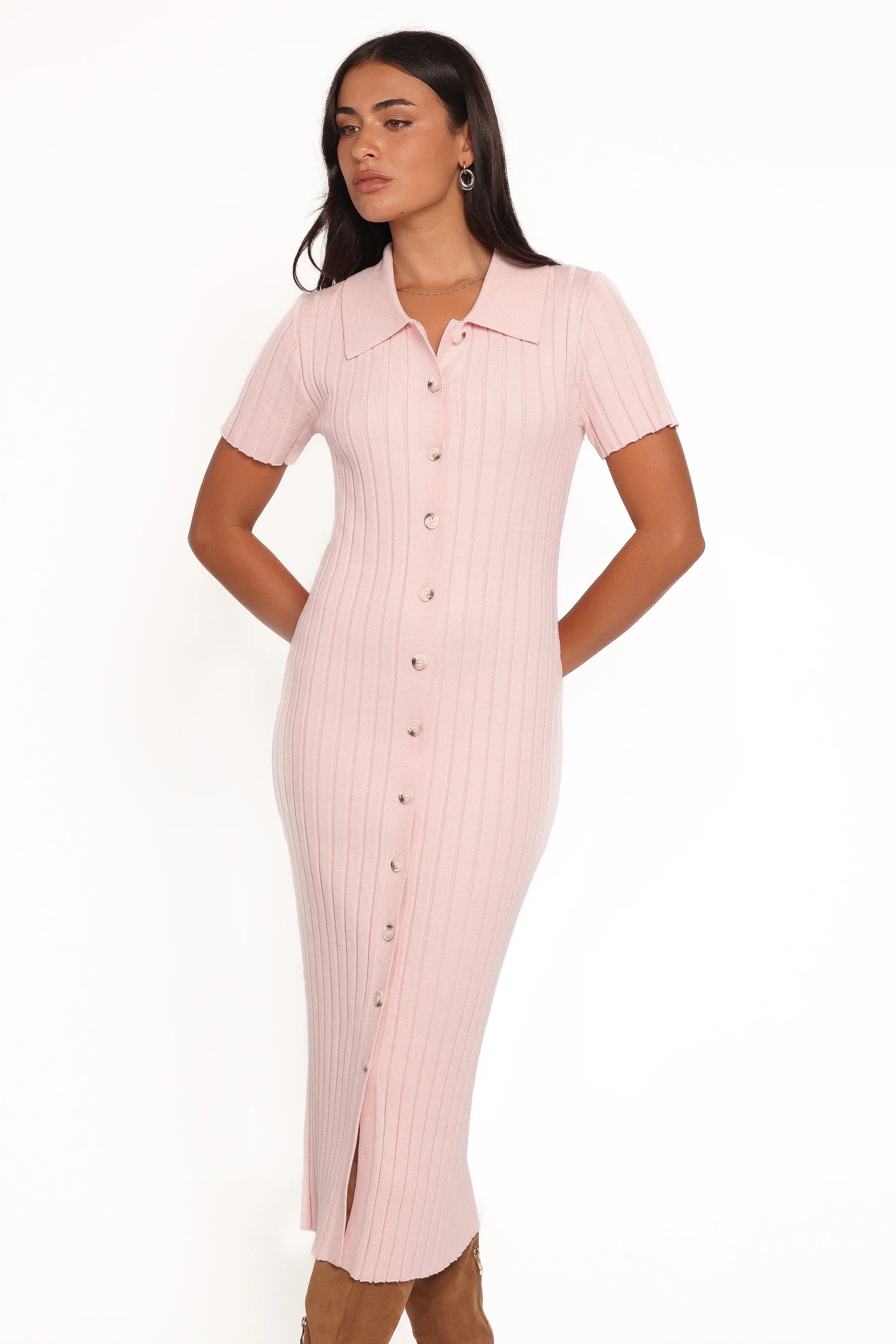 Aisha Short Sleeve Knit Midi Dress Pink