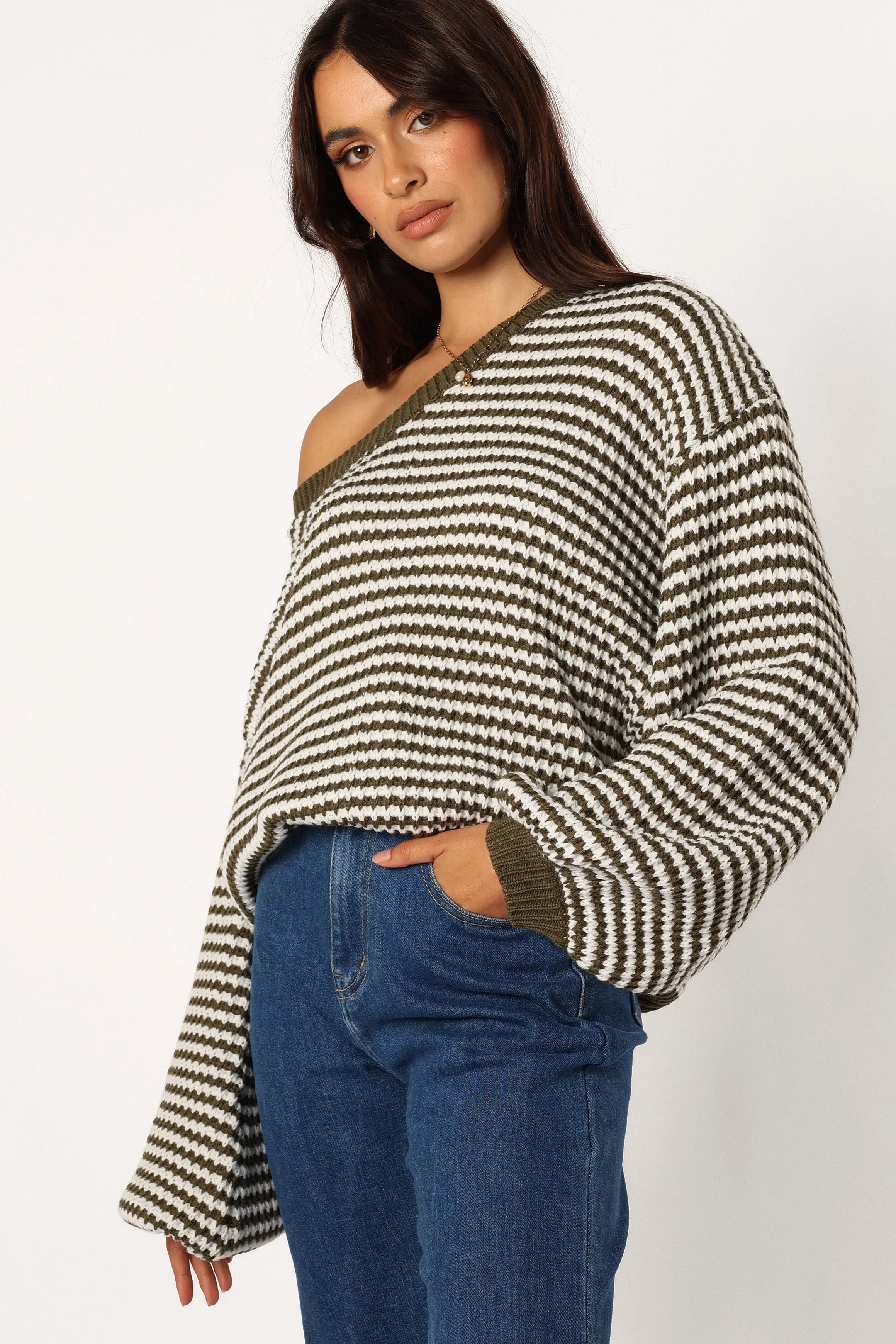 Becca Crewneck Waffle Stitch Stripe Knit Sweater Olive