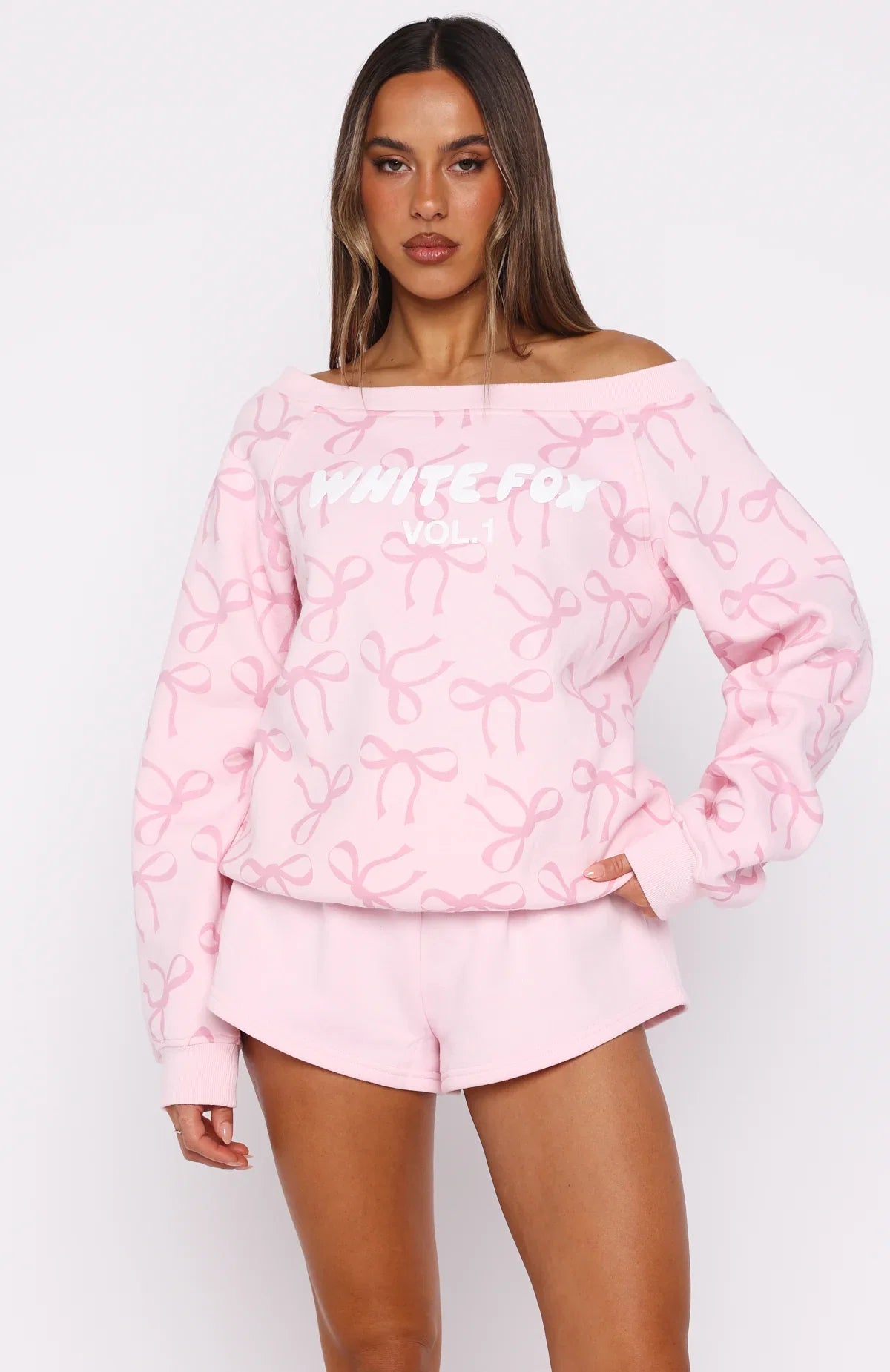Vol 1 Off Shoulder Printed Sweater Posy Bow