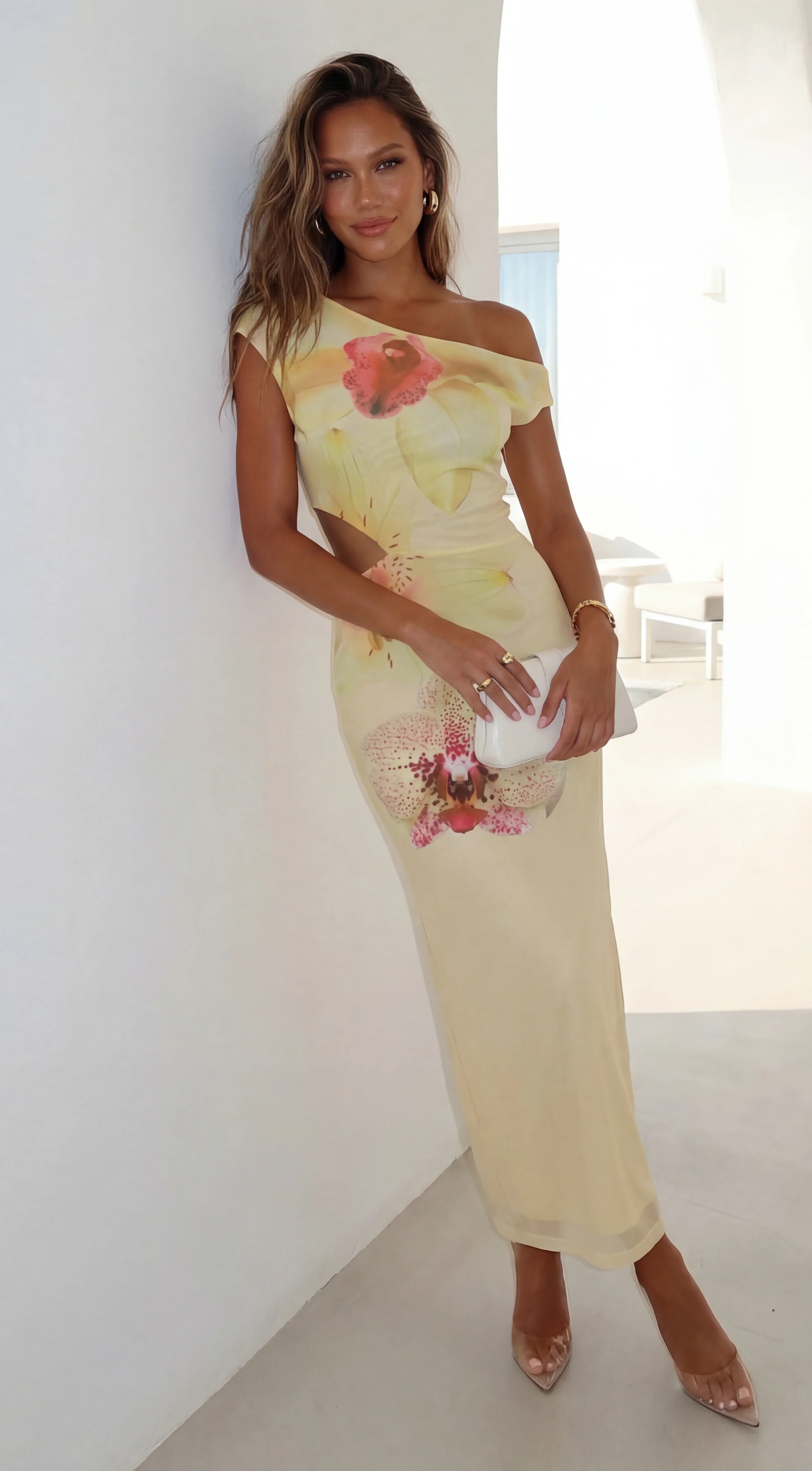 Lioraya Floral Off Shoulder Maxi Dress Pale Yellow Multi