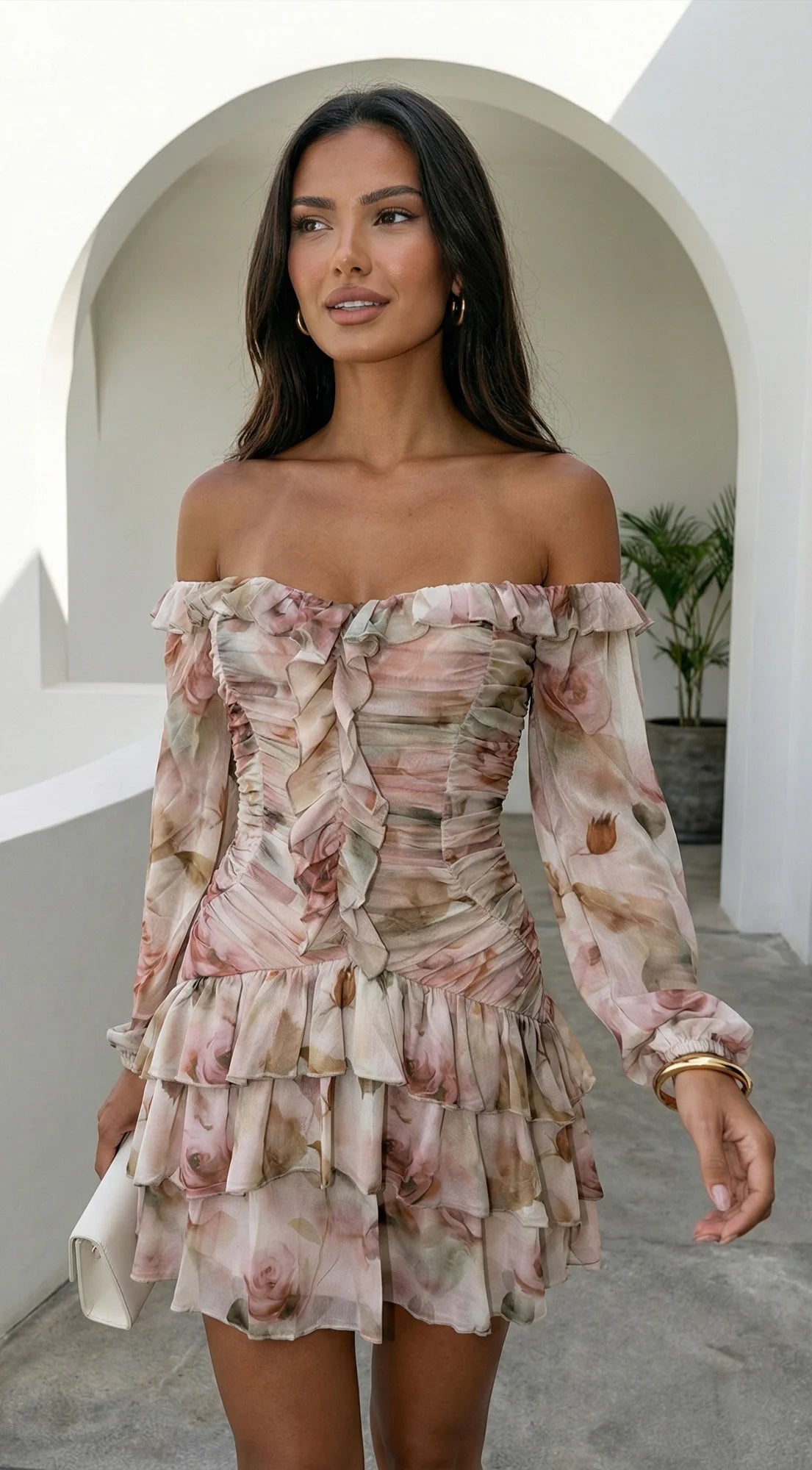 Sorrento Garden Floral Off Shoulder Ruffle Mini Dress Beige Multi