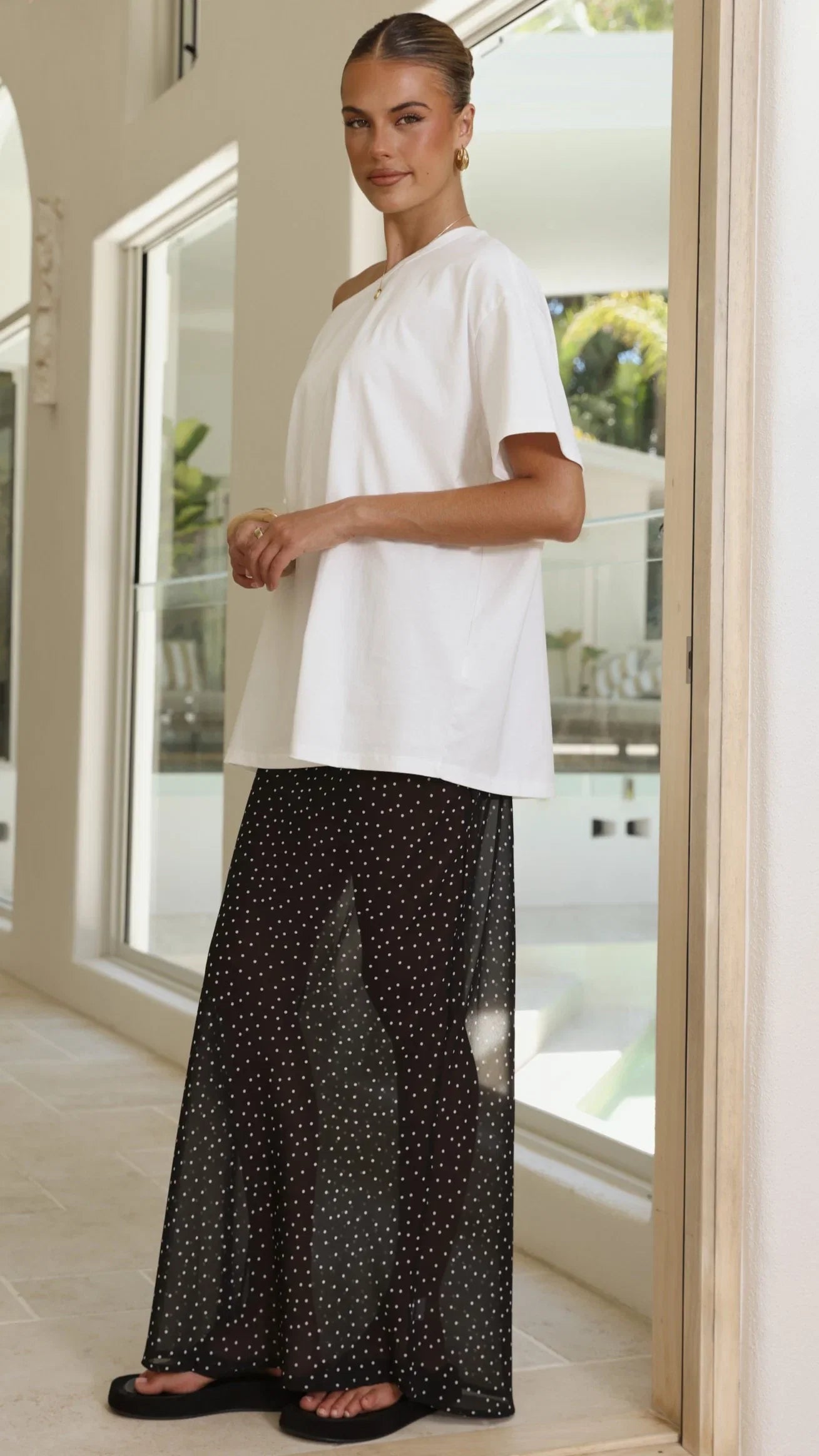 Elena Top and Maxi Skirt Set White Black Polka
