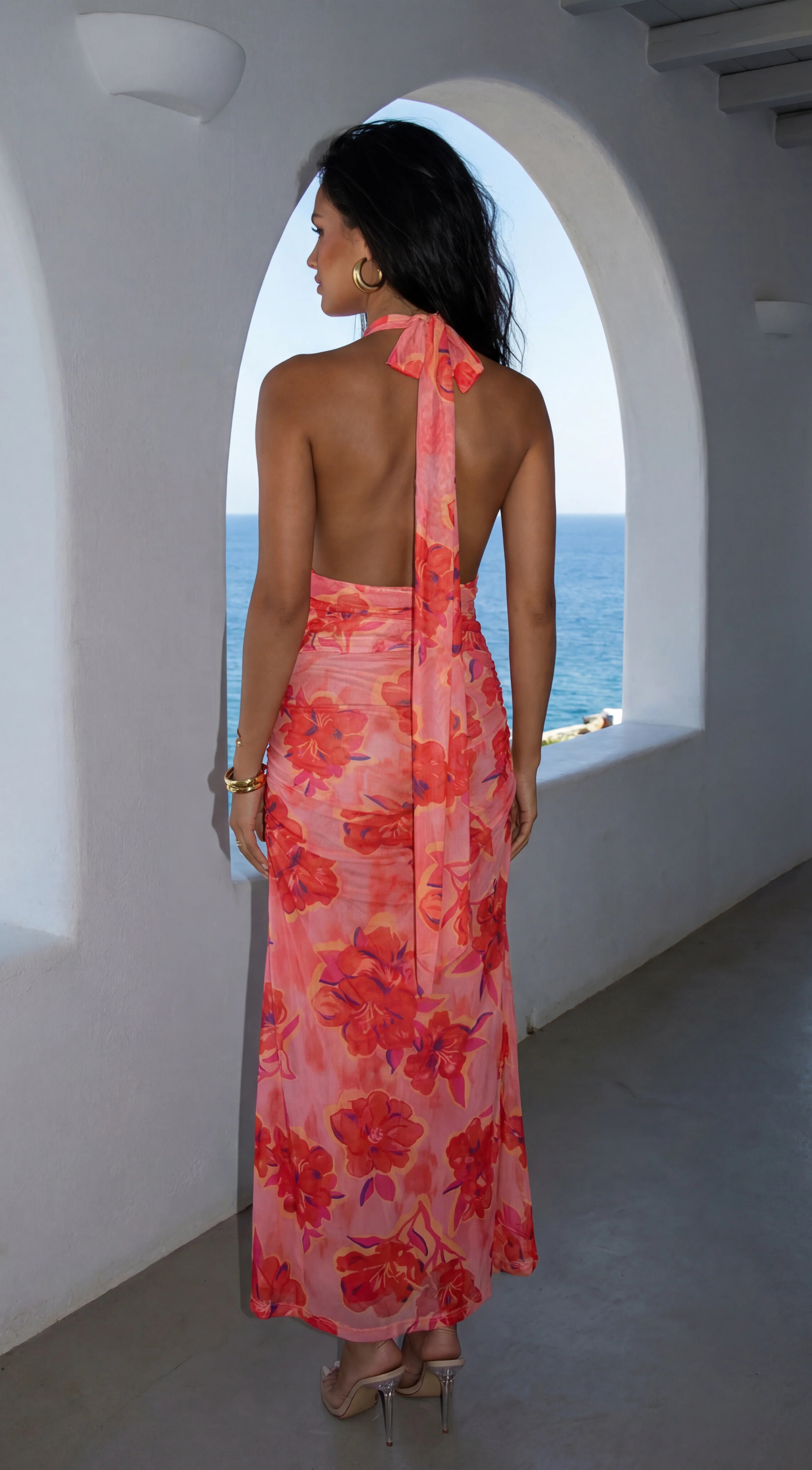 Sirenya Tropical Floral Halter Maxi Dress Coral Pink