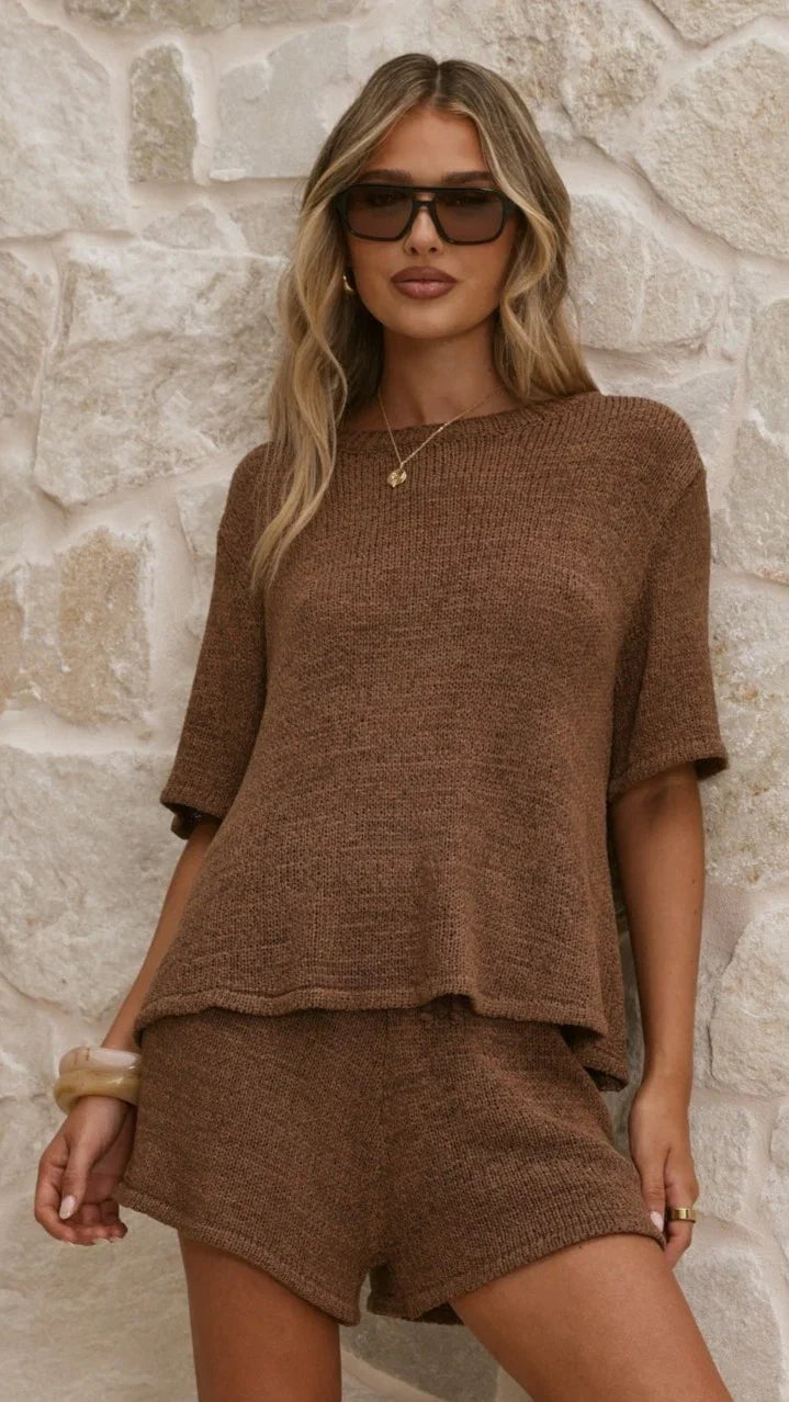 Makai Knitted T Shirt and Shorts Set Chocolate