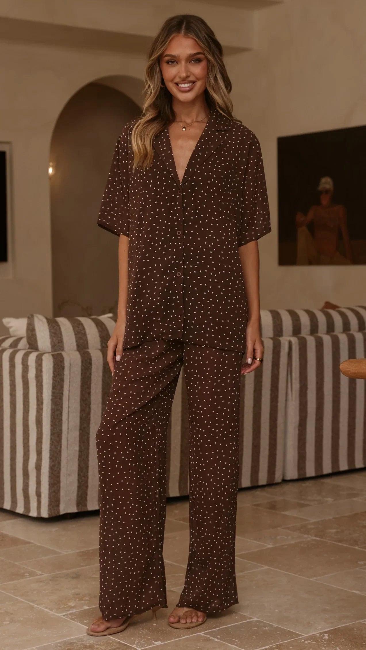 Ashleigh Sheer Shirt and Pants Set Brown Polka
