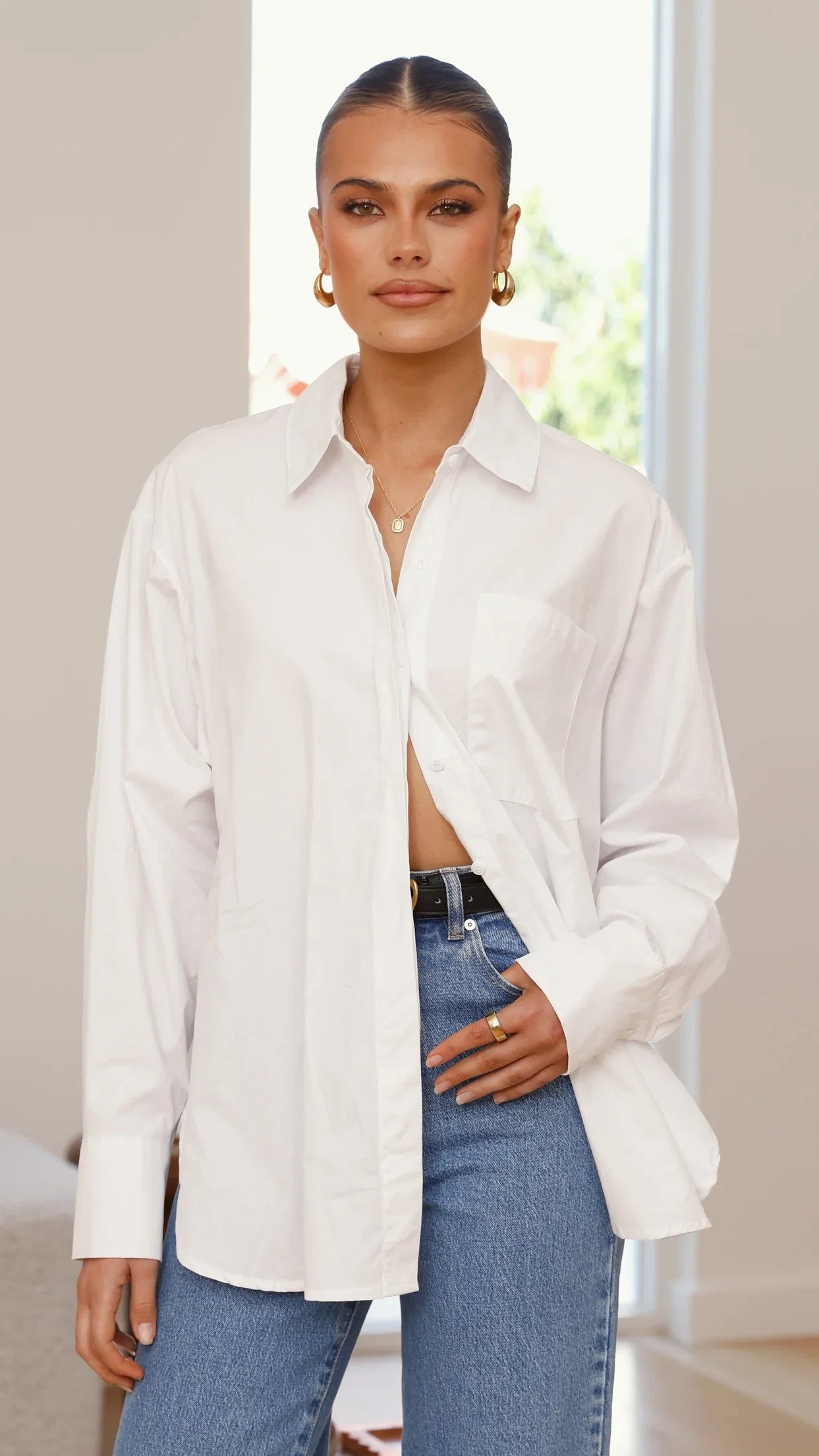 Charla Button Up Poplin Top White