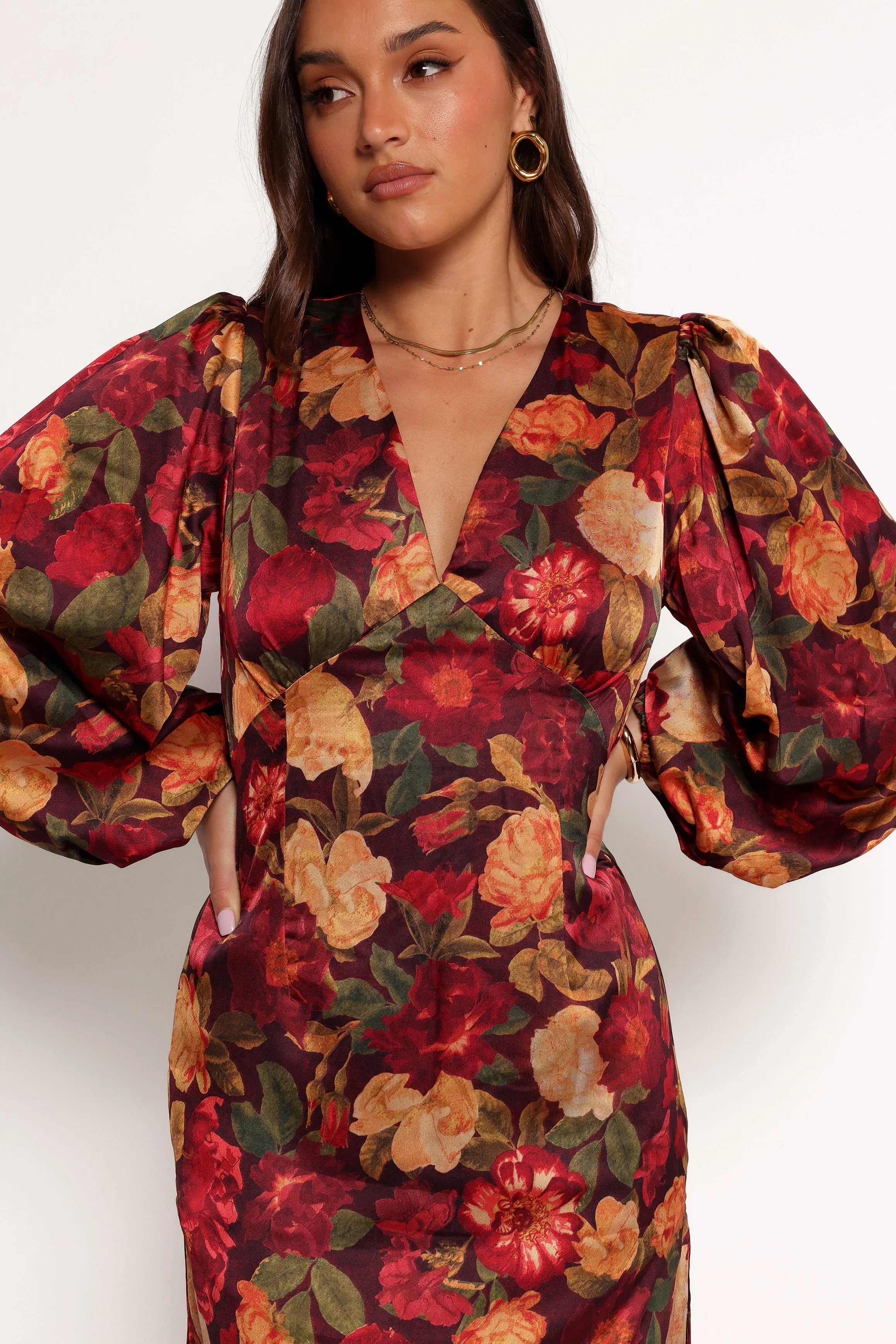 Zimmer Long Sleeve Maxi Dress Sangria Bloom