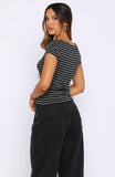 You Were Right Striped Button Up Top Dark Grey Black Stripe