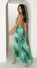 Capri Halter Tropical Print Maxi Dress Aqua Green