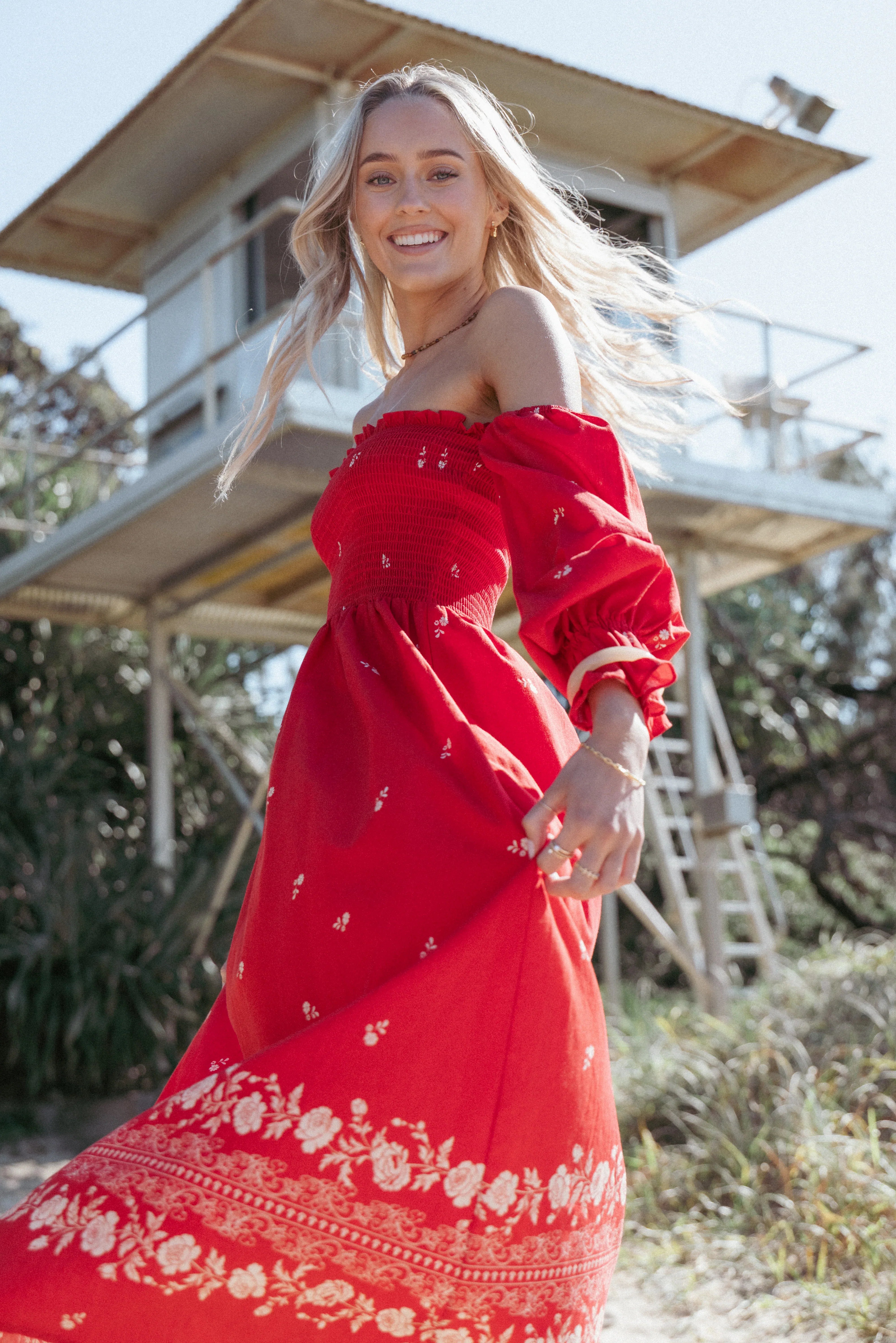 Domenica Shirred Long Sleeve Midi Dress Red Floral Bandana