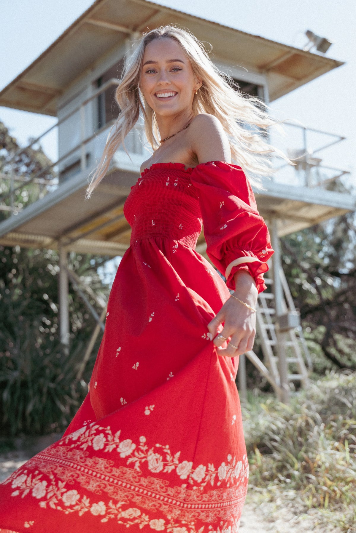 Domenica Shirred Long Sleeve Midi Dress Red Floral Bandana
