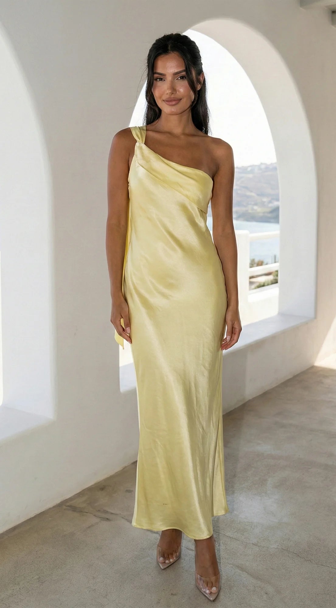 Valencia One Shoulder Satin Maxi Dress Butter Yellow