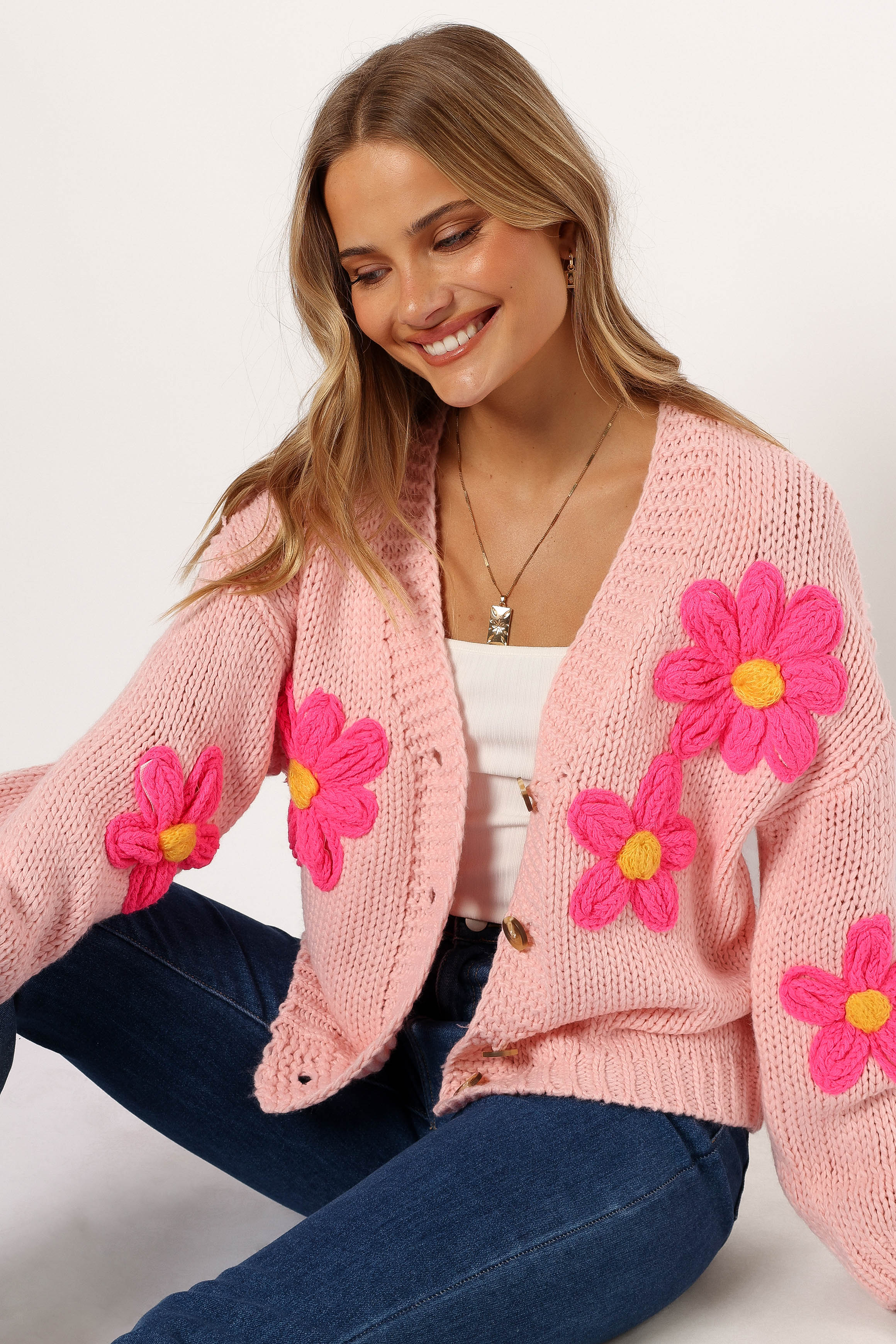 Clementine Flower Embroidered Open Front Cardigan Pink