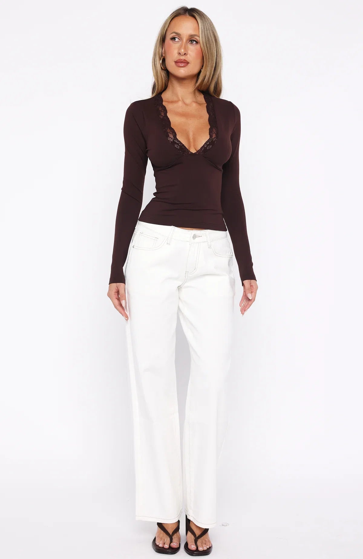 Knew That All Along Lace Trim Long Sleeve Top Chocolate