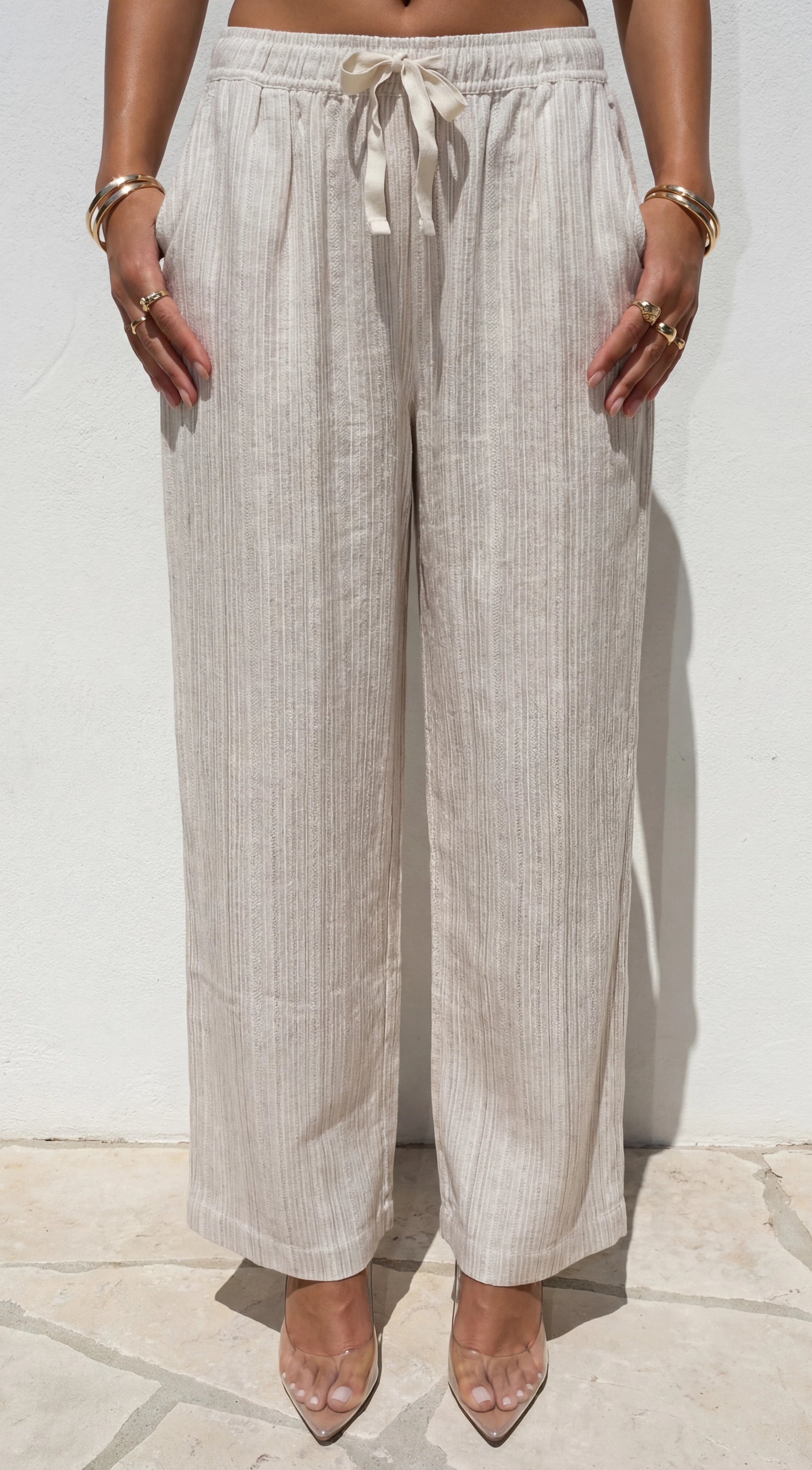 Marlow Striped Linen Wide Leg Pants Beige