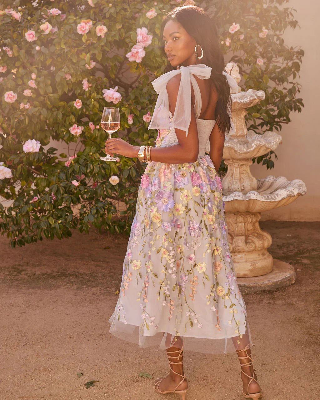 Falling Petals Floral Applique Midi Dress