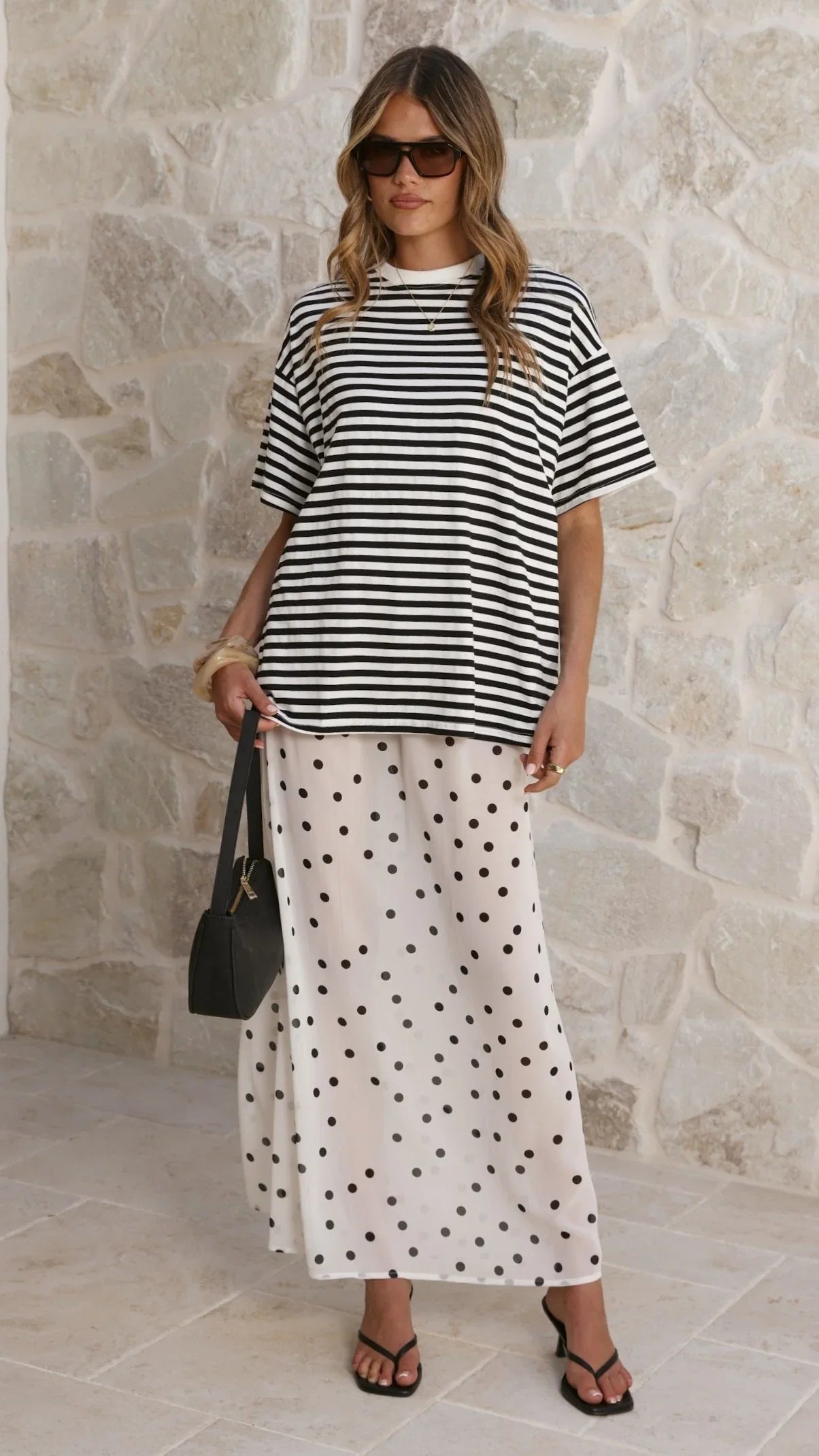 Elisha T Shirt and Sheer Maxi Skirt Set Black White Stripe and Polka Dot