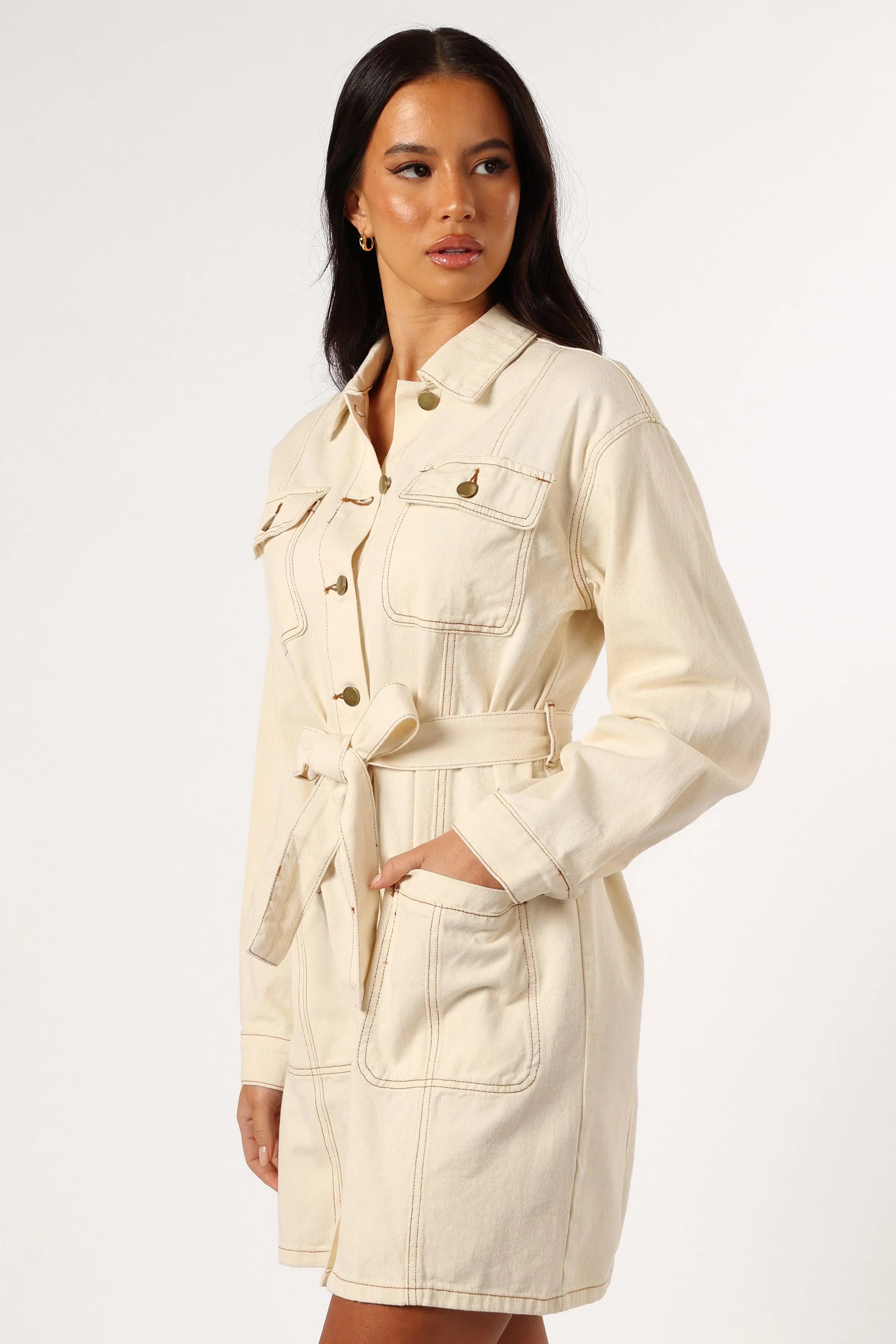 Otto Long Sleeve Mini Denim Dress Sand