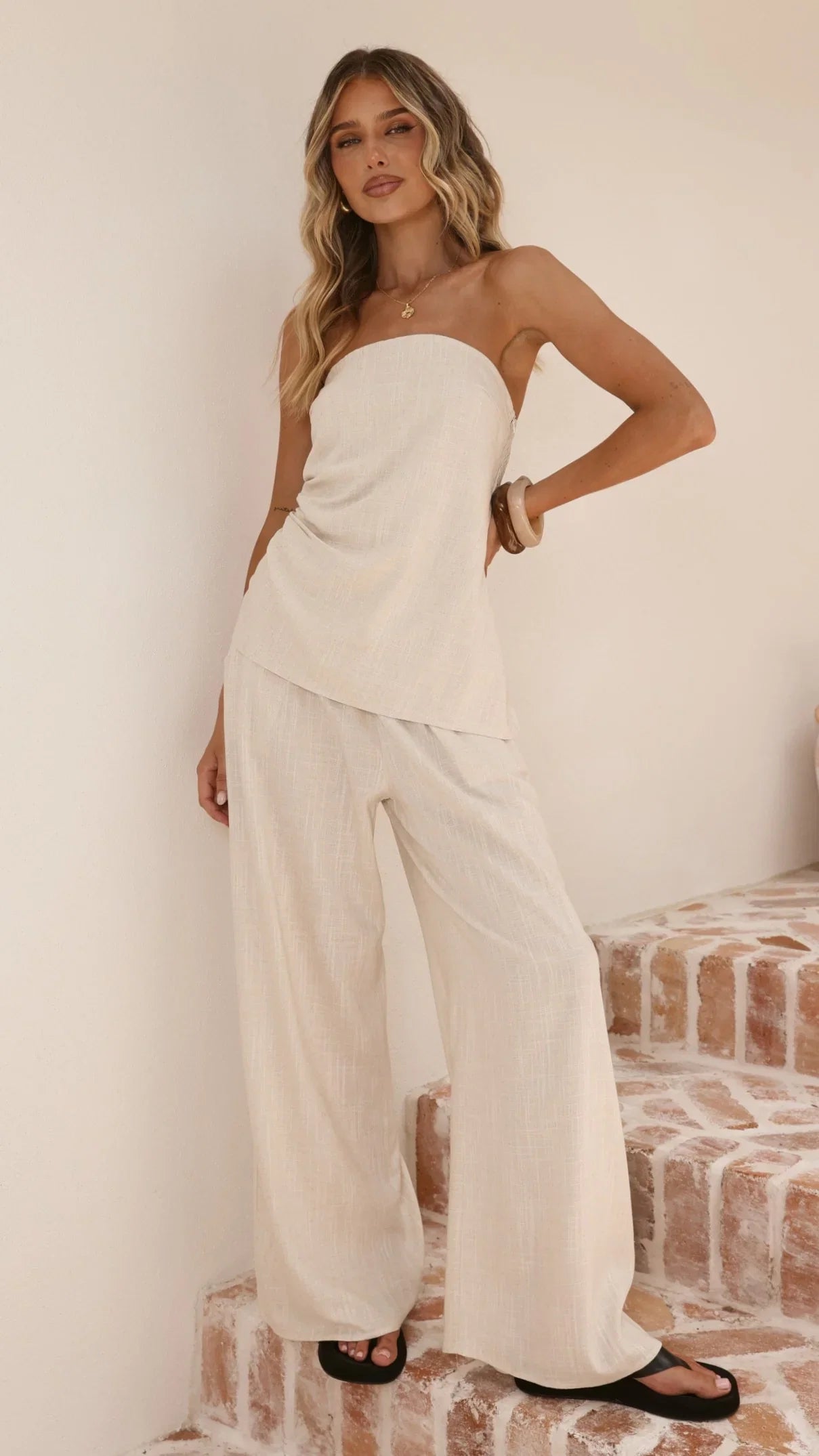 Yuki Strapless Top and Pants Set Oatmeal