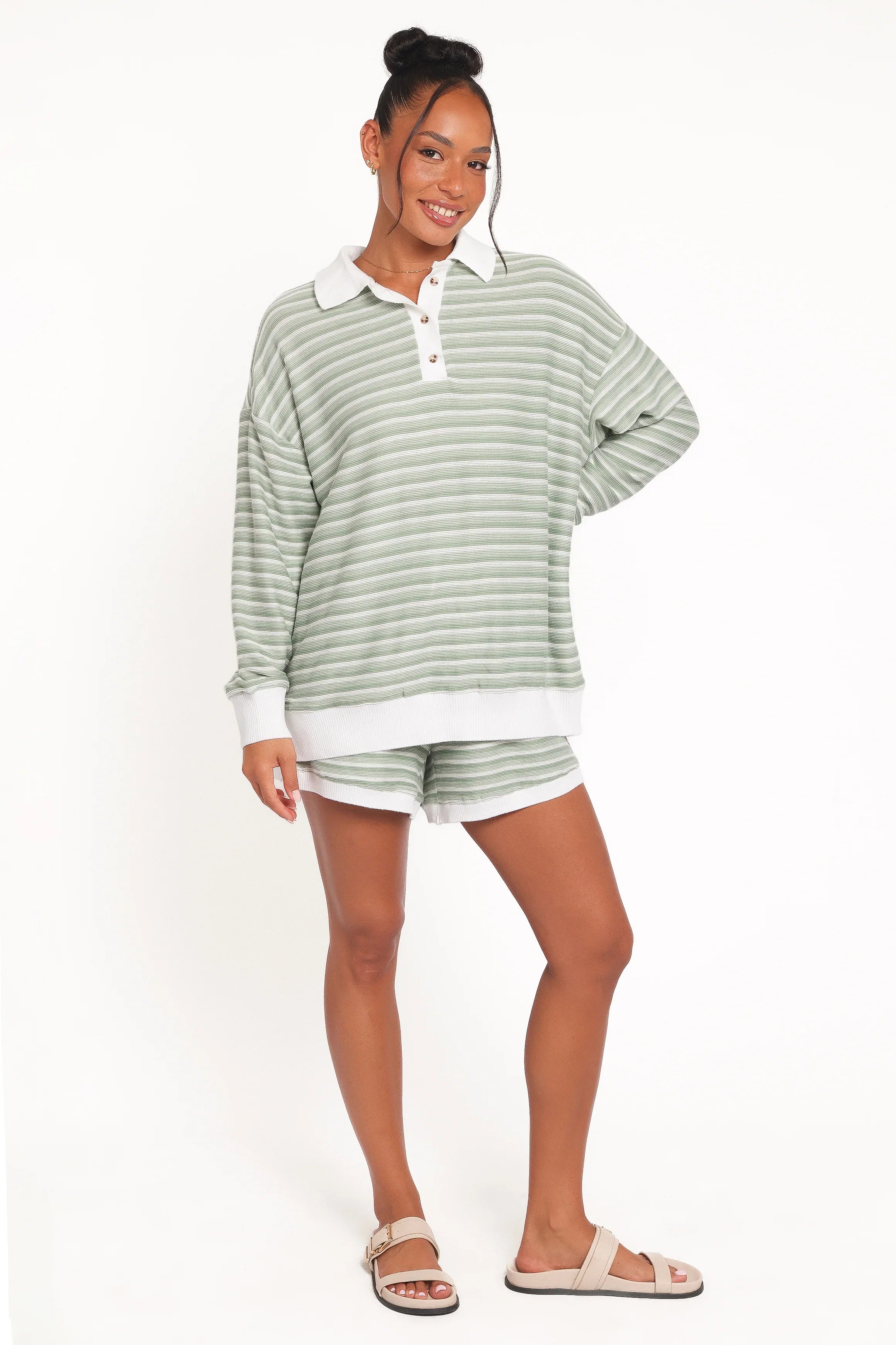Dealia Knit Short Set Sage Stripe