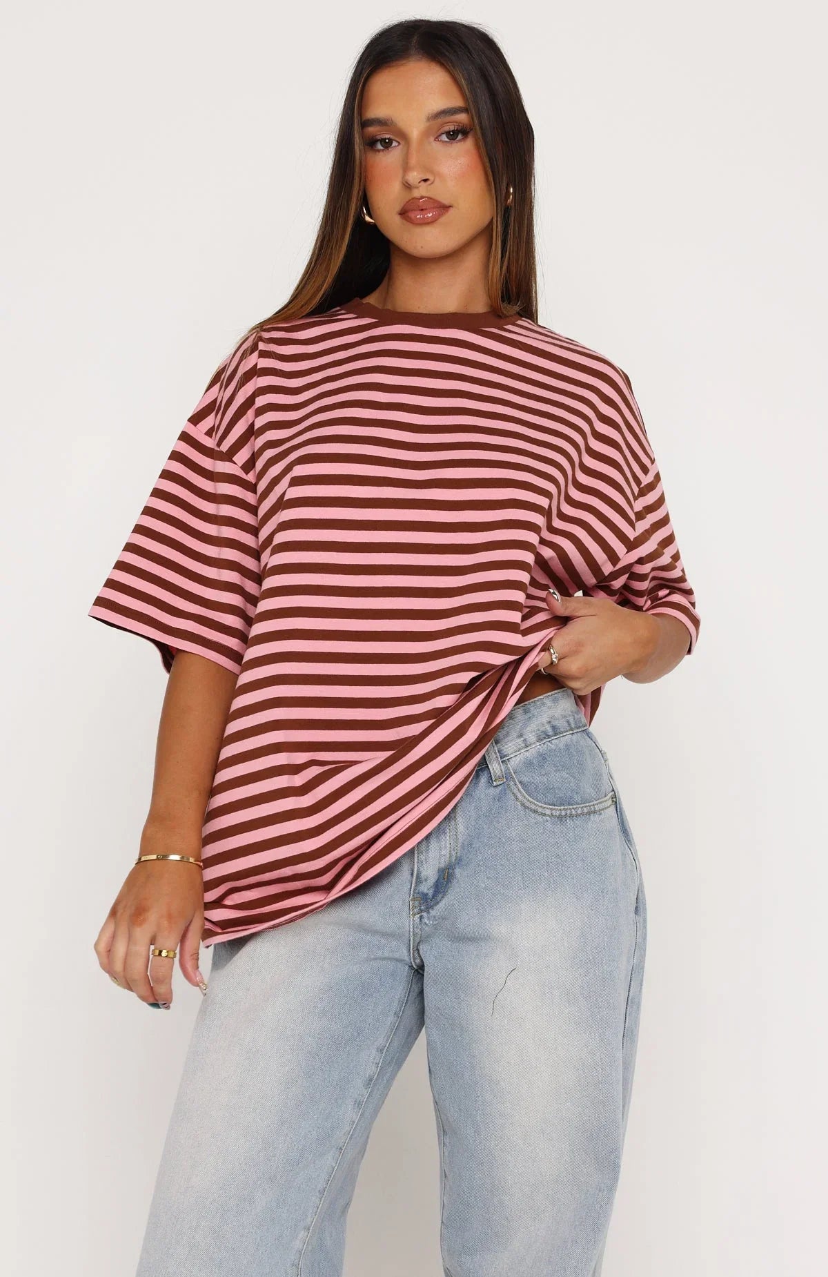Touchdown Oversized Tee Brown Pink Stripe