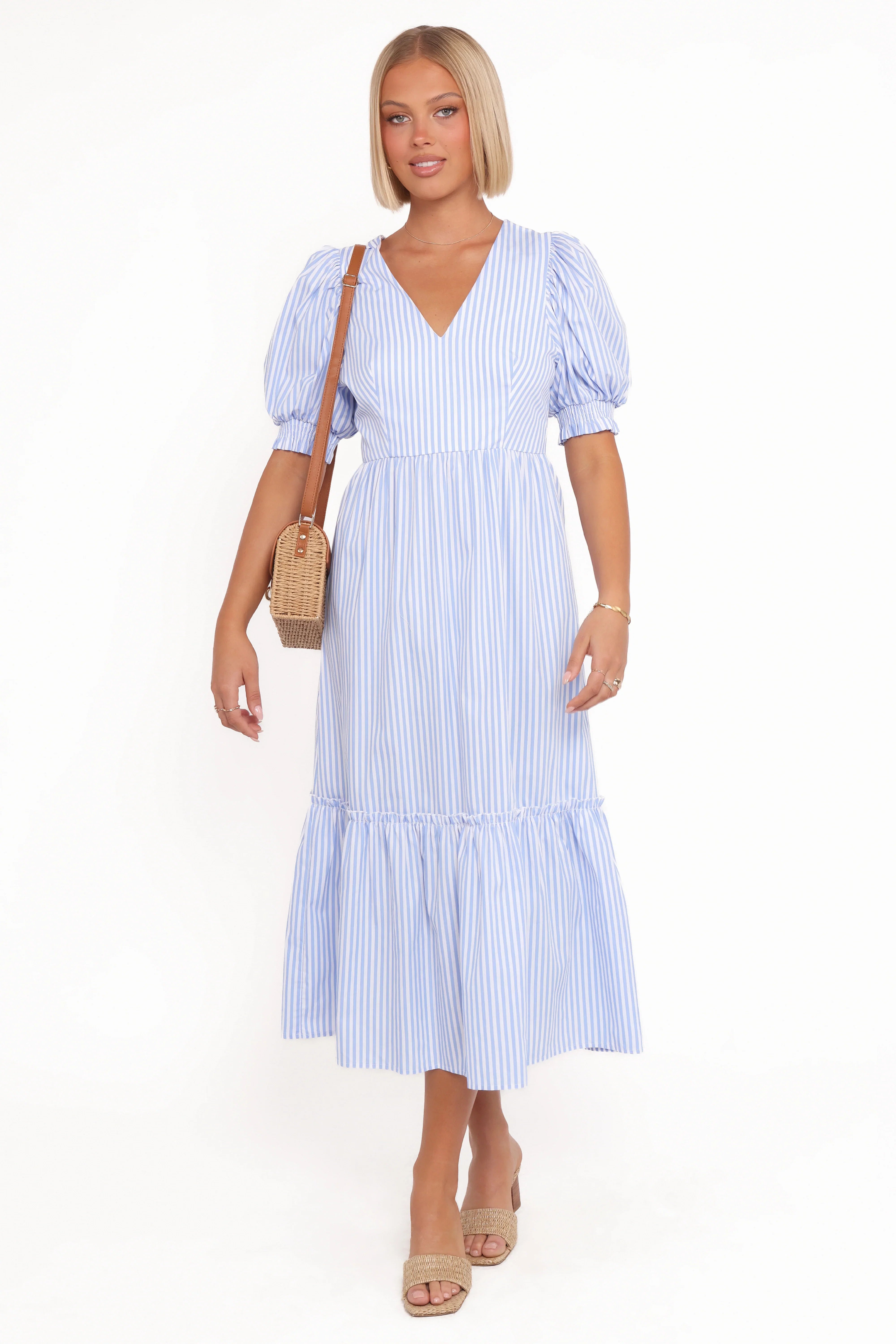 Steele Puff Sleeve Midi Dress Blue Stripe