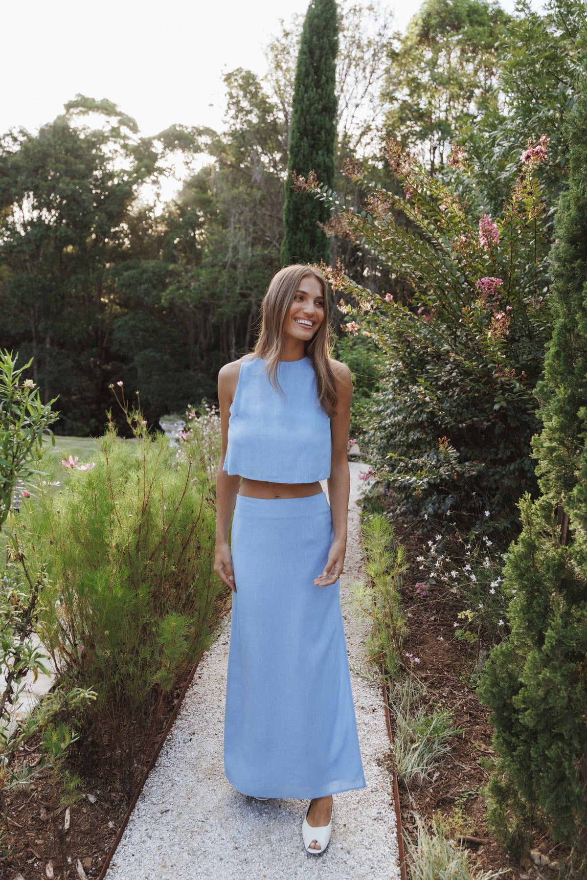 Madison Linen Column Skirt Blue