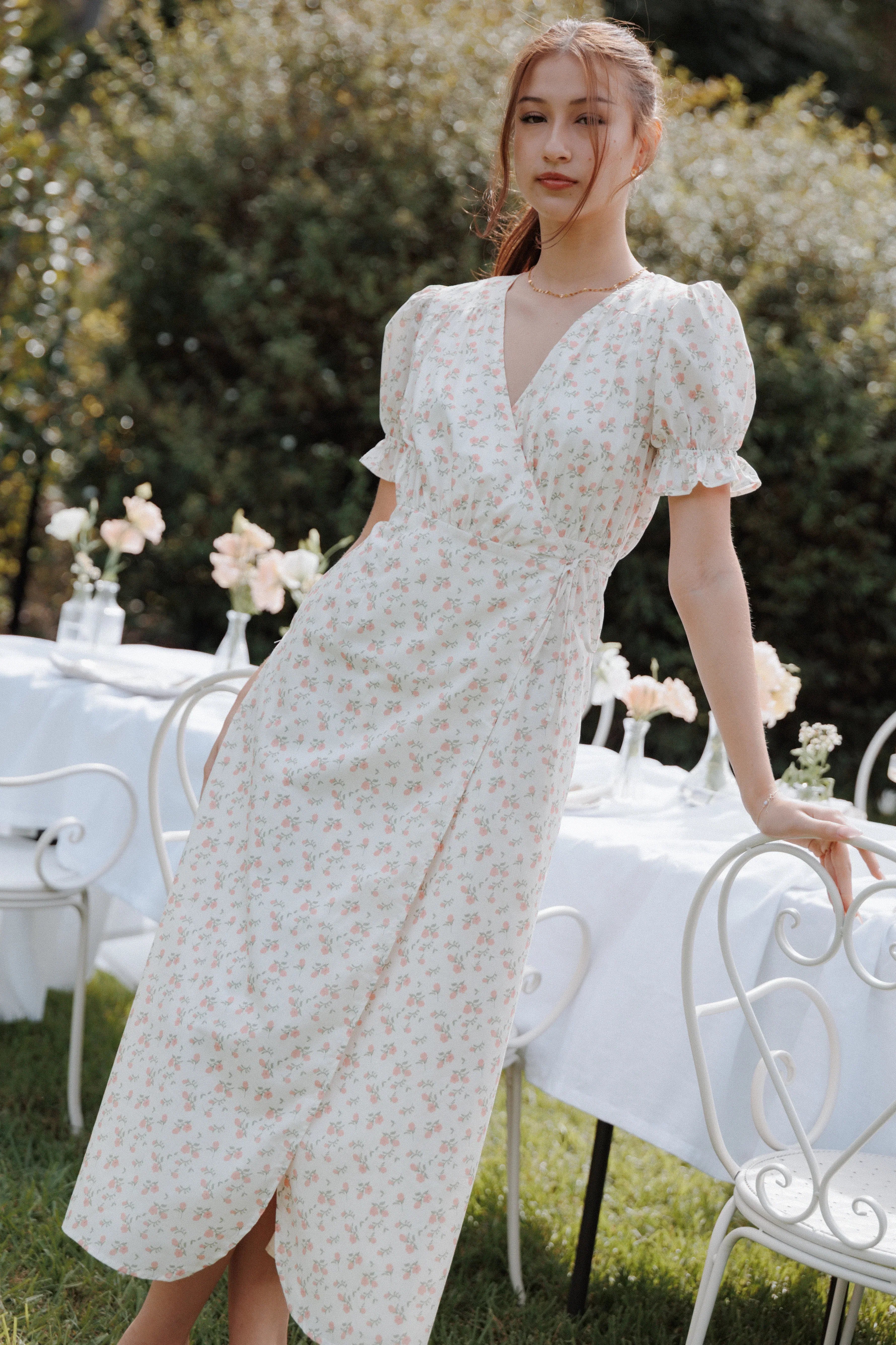 Mabella Midi Dress Peach Ditsy Floral