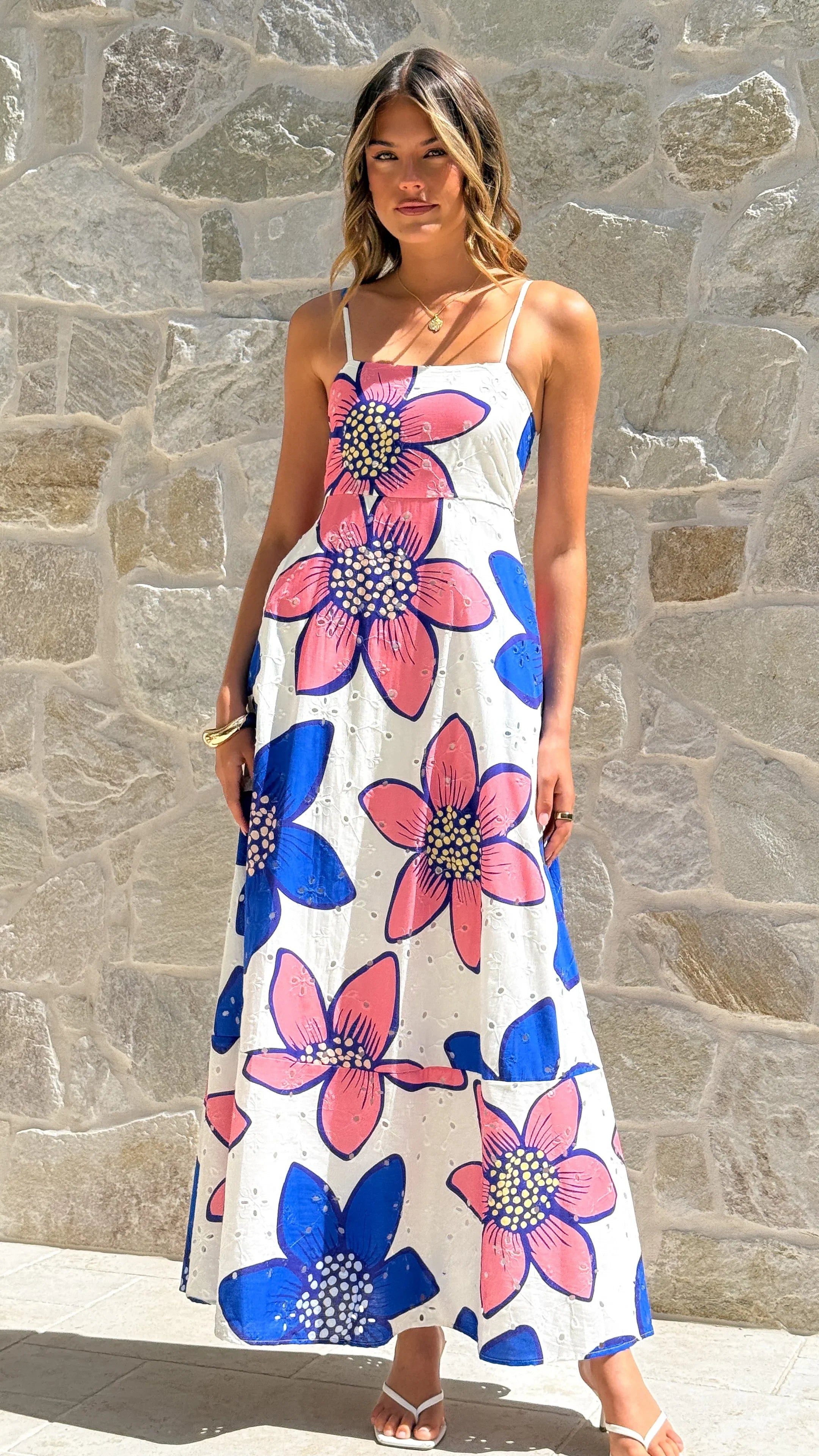 Norah Eyelet Maxi Dress Botanic Blue Pink Print