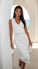 Dominique Button Knit Midi Dress Off White