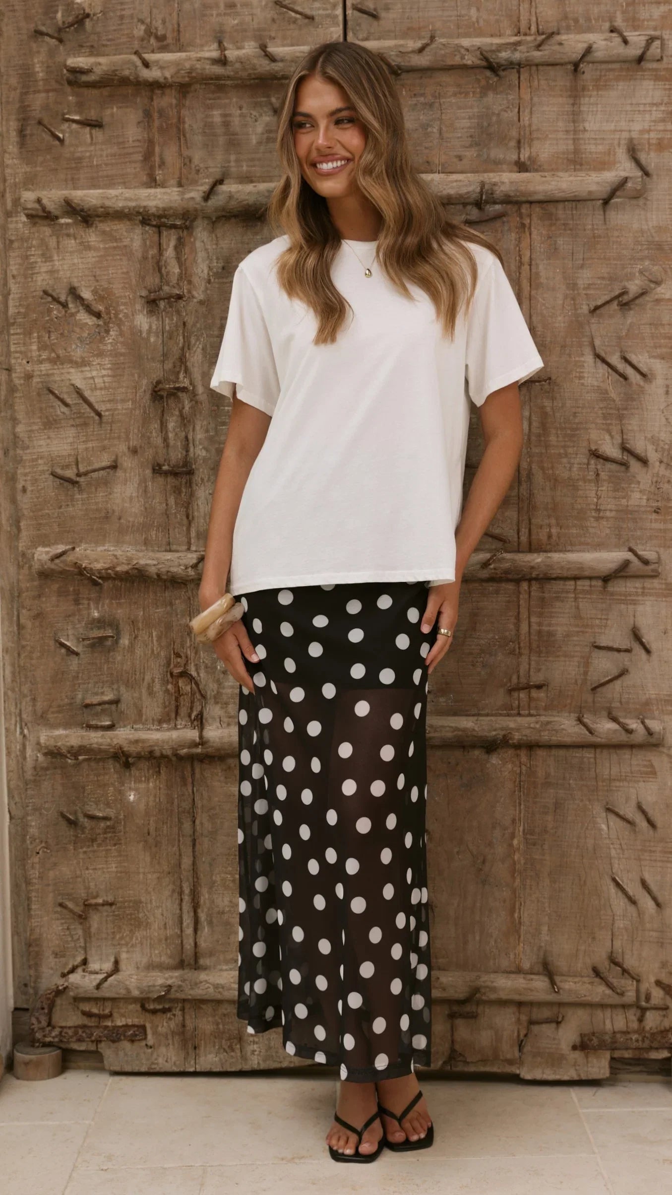 Onella Semi Sheer Maxi Skirt Black White Polka Dot
