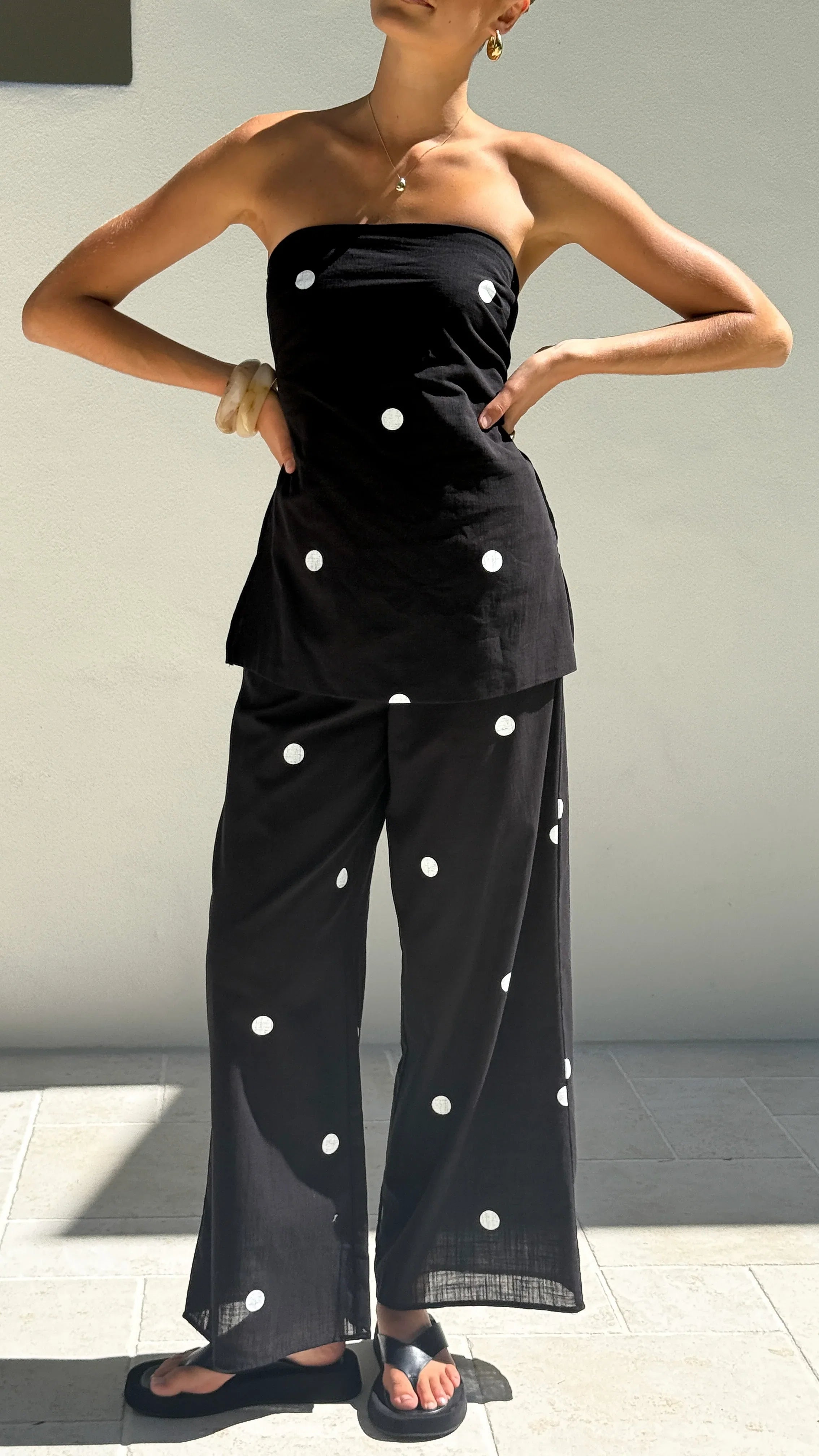 Kailani Strapless Top and Pants Set Black White Polka