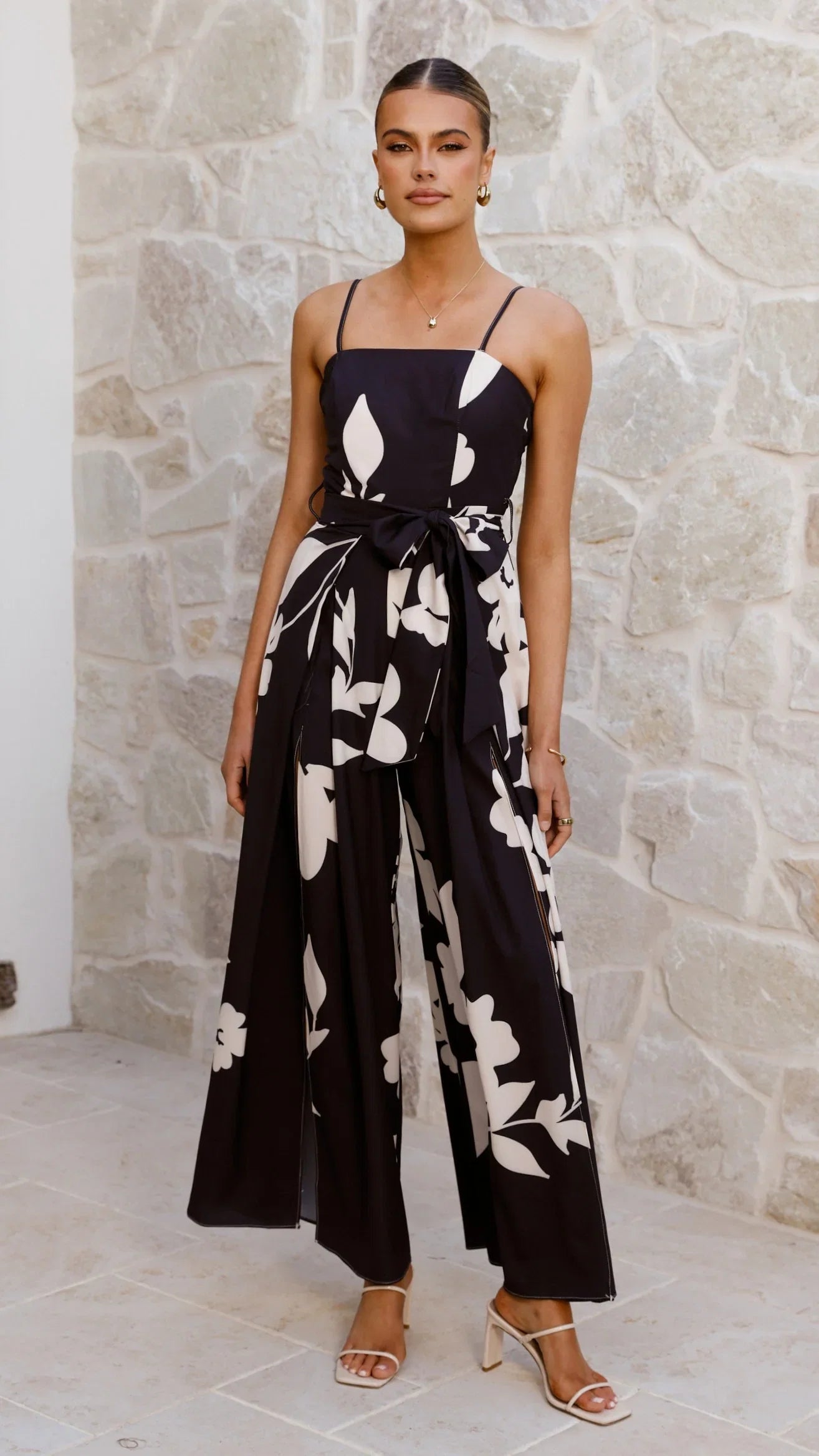Carson Front Split Strapless Jumpsuit Black Floral