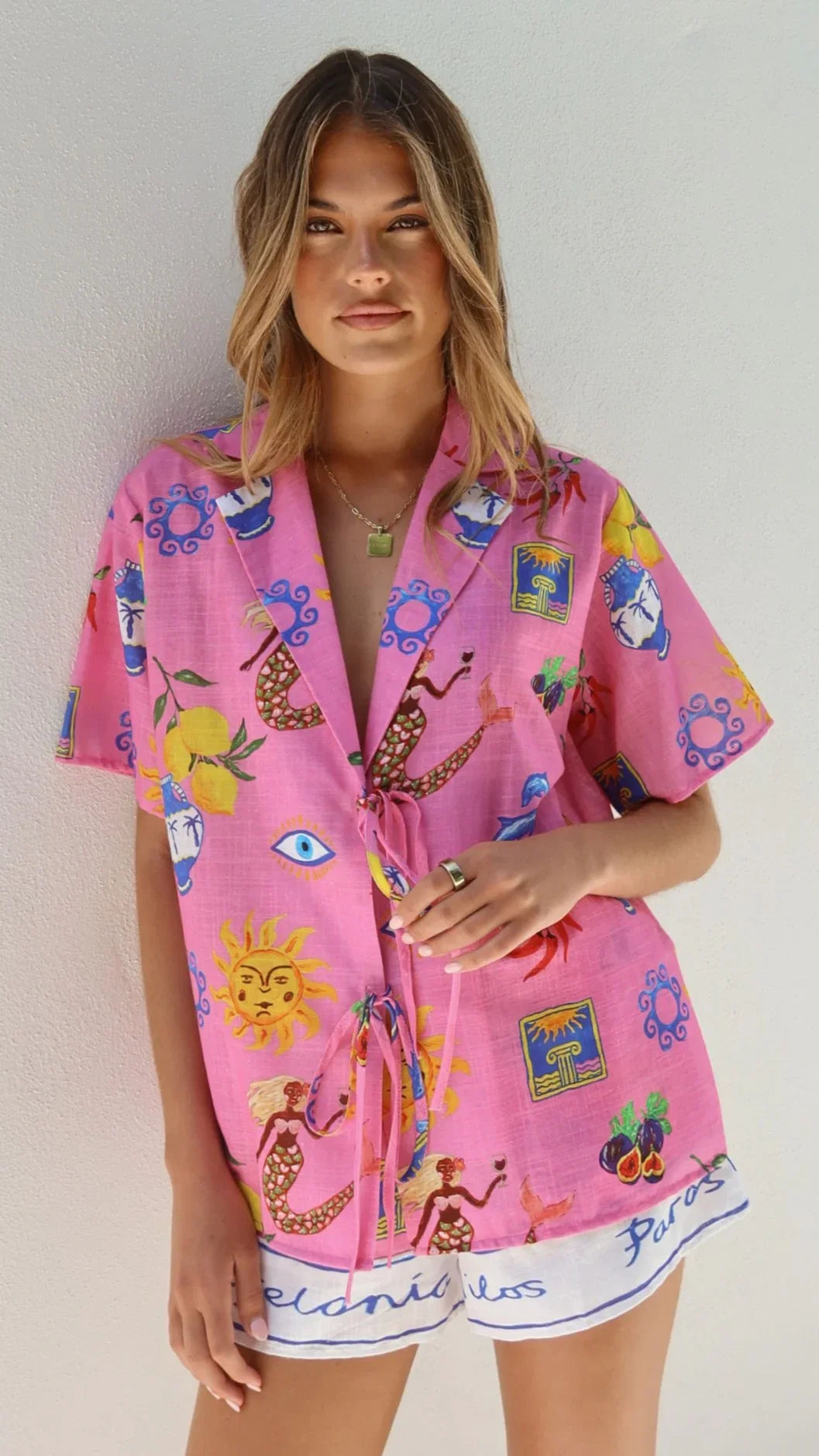 Dayana Tie Up Shirt and Shorts Set Greek Island Print