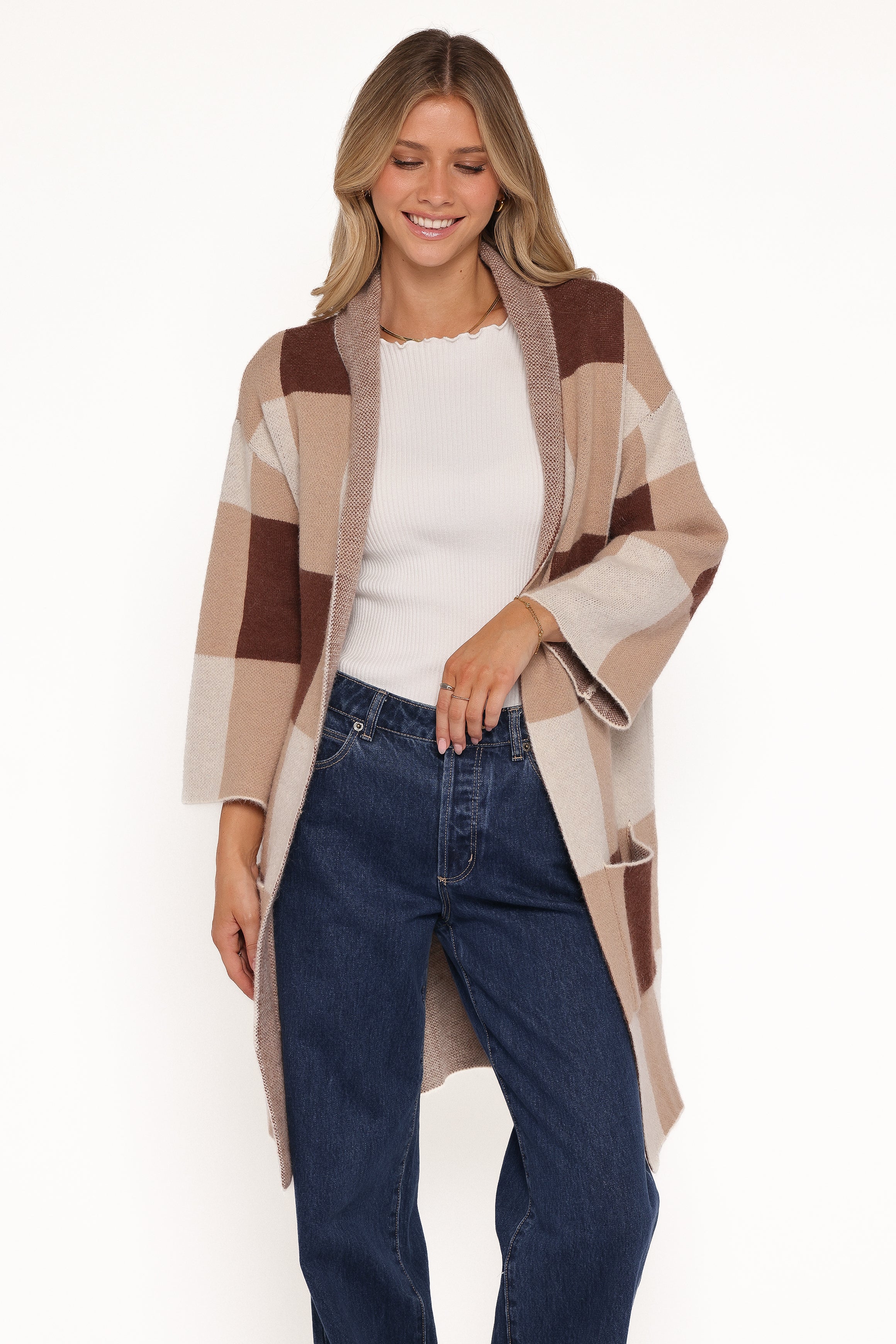Ecoya Long Cardigan Brown Plaid
